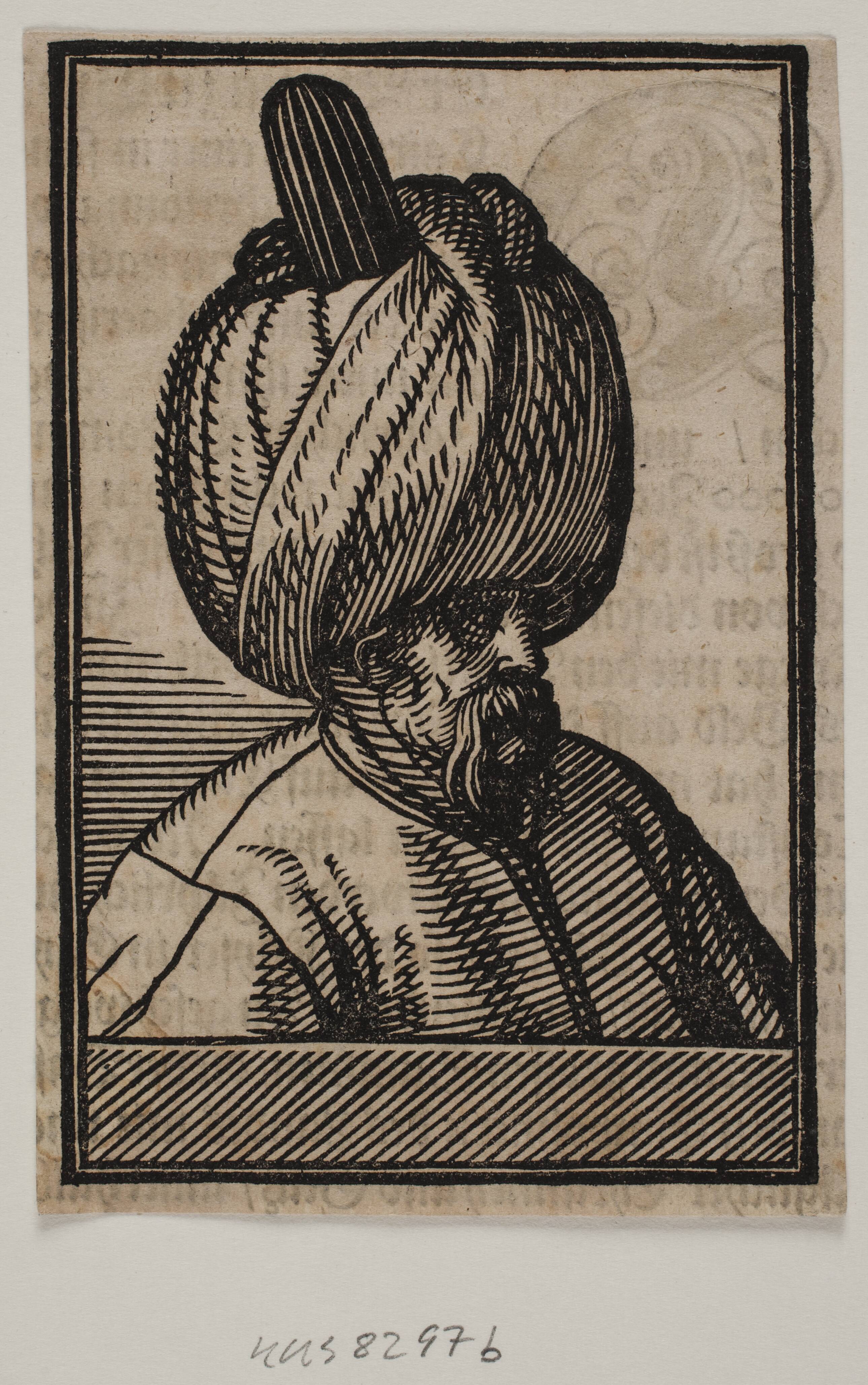 Bust of bearded man wearing a turban, 3/4 profile towards the right