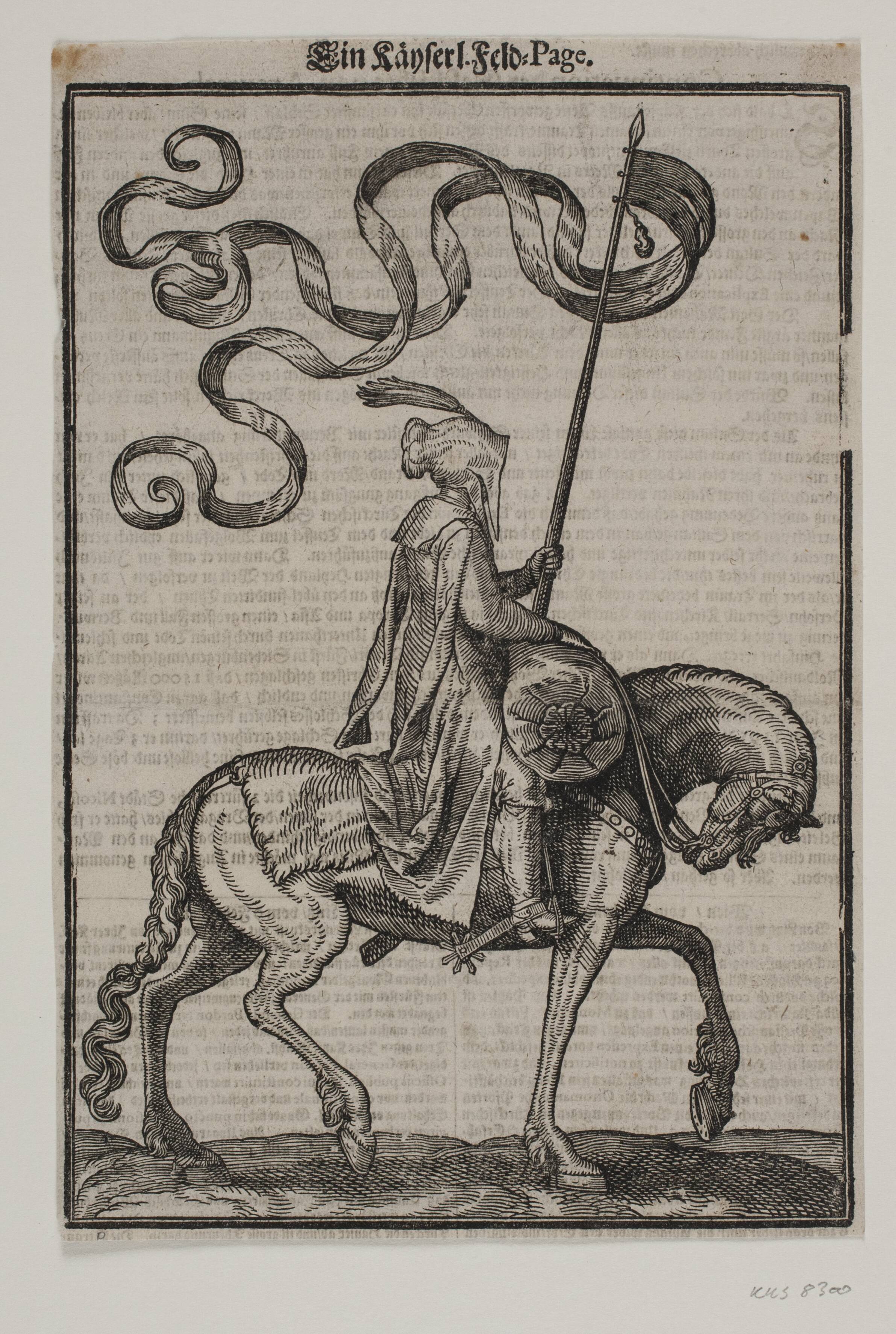Mounted standard-bearer, profile towards the right; the standard is two-tailed; the rider is unarmed; on the horse's back in front of him, there is a sausage-shaped sack for carrying baggage