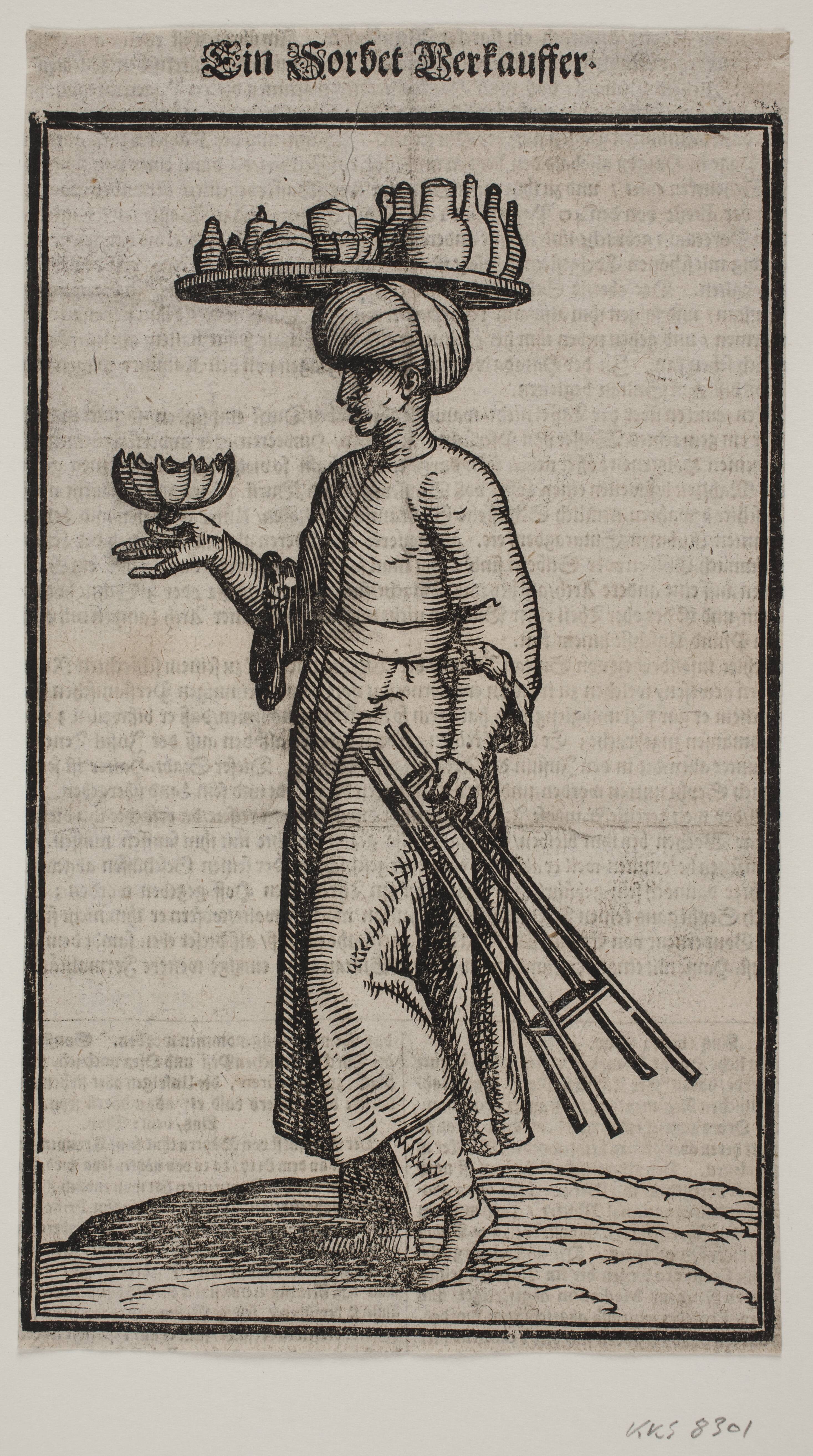 Peddler of refreshing beverages, walking toward the left side