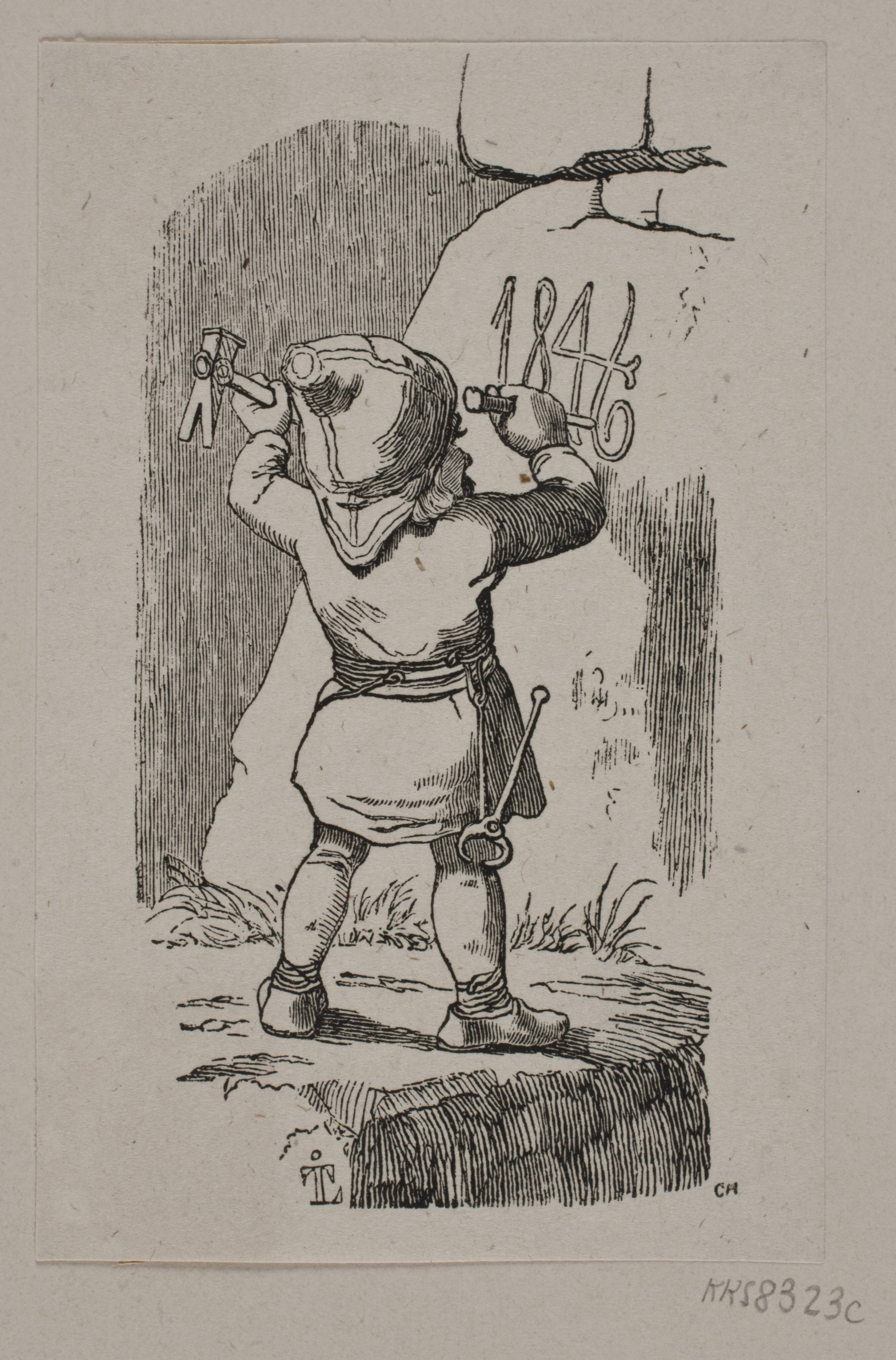 En nisse indhugger årstallet 1846 i en klippe