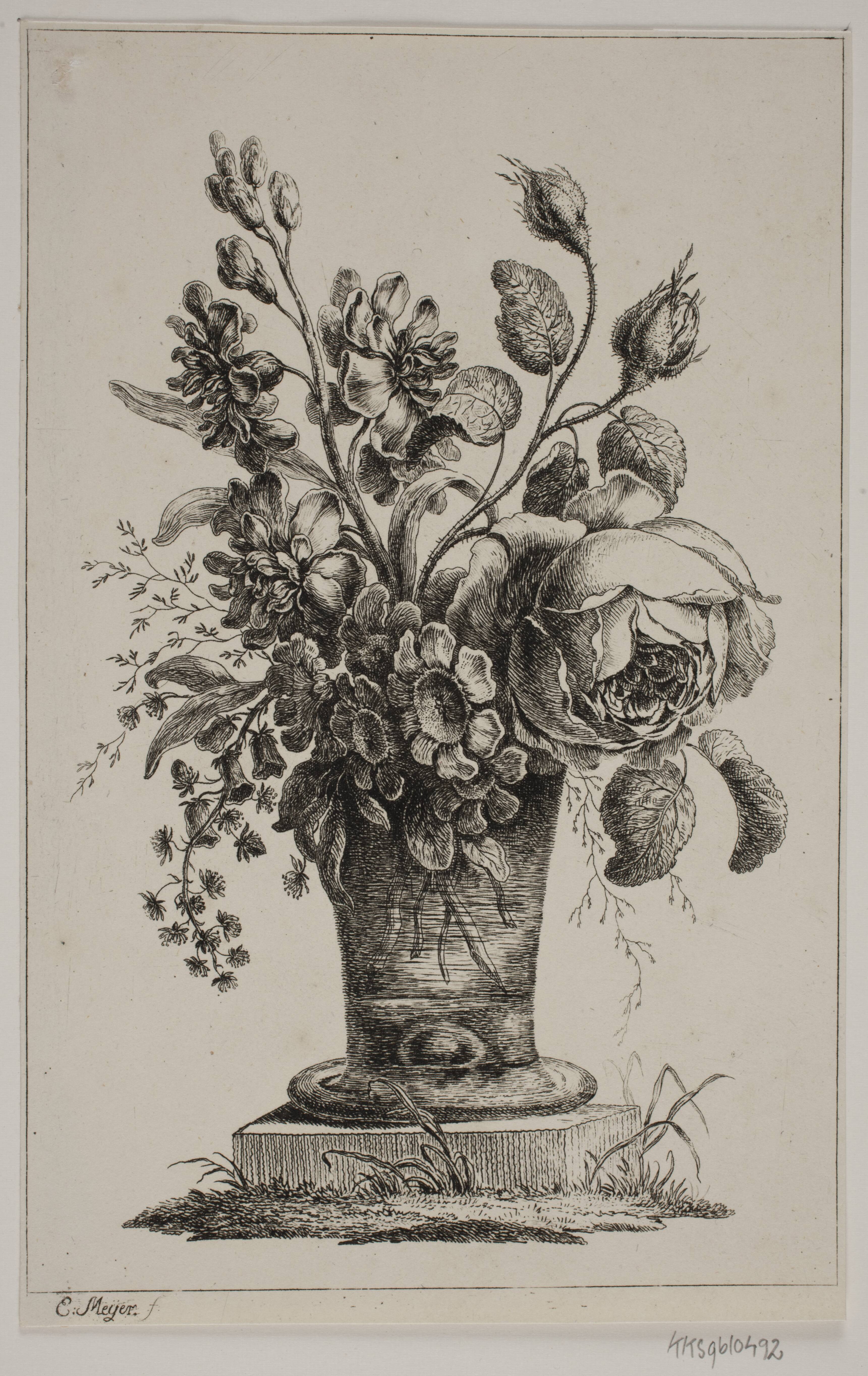 Blomster i et Glas, en Rose, Aurikler m.v.