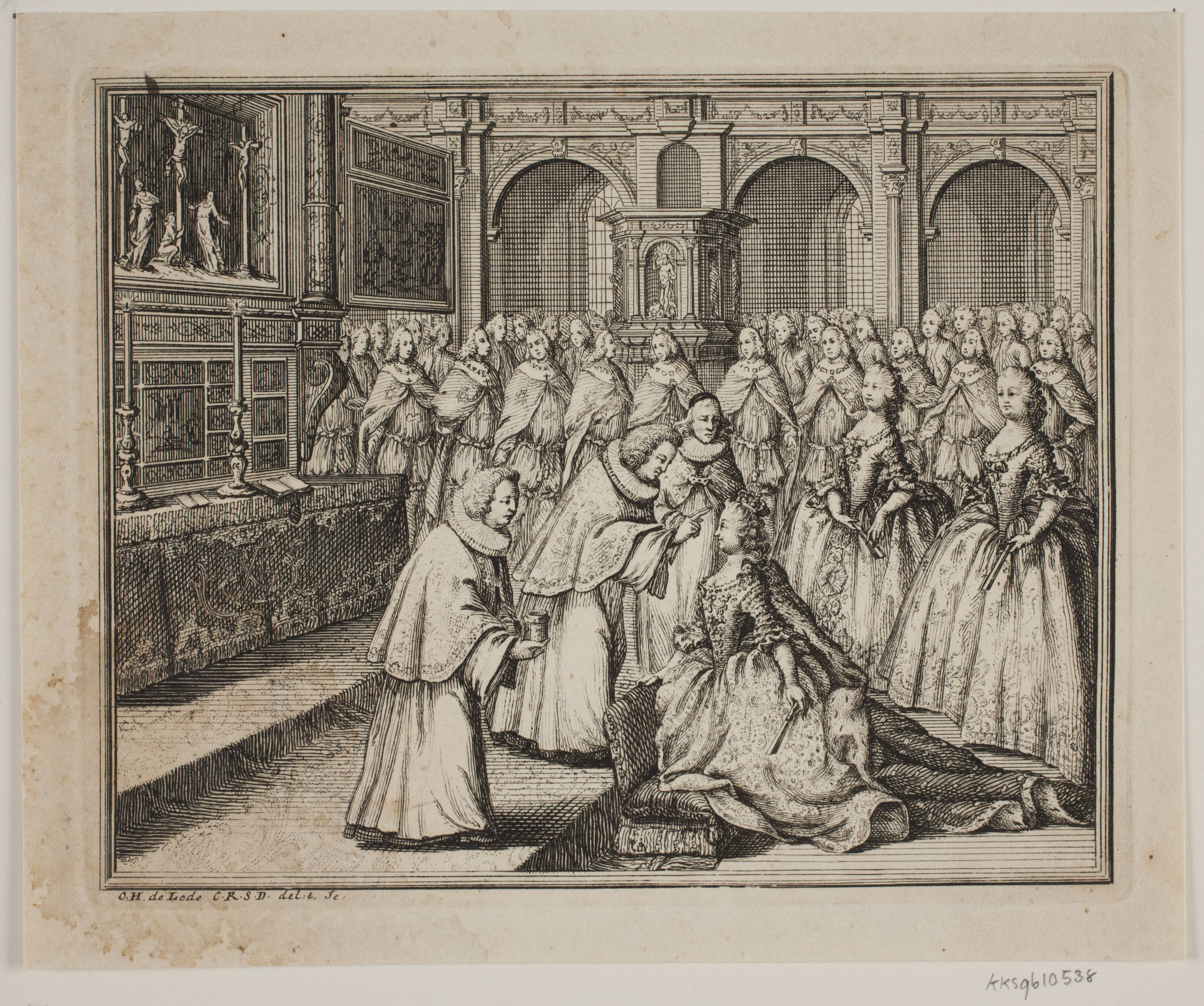 Biskop Hersleb salver Dronning Louise i Frederiksborg Slotskirke. Illustration til Frederik d. IV's salvingsakt