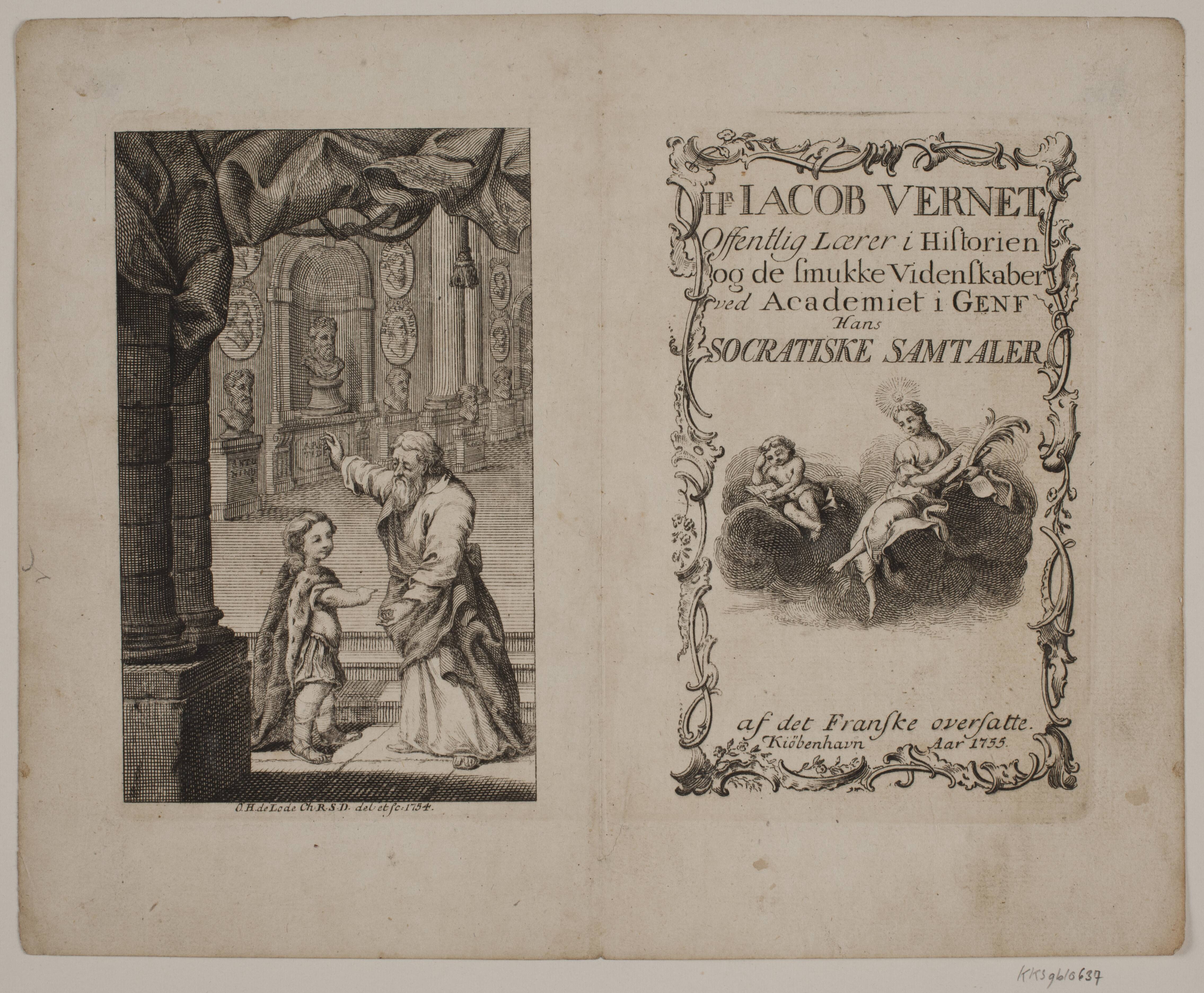 Titelblad og illustration til Jacob Vernet, "Offentlig Lærer i Historien og de Smukke Videnskaber ved Academiet i Genf Hans Socratiske Samtaler”.