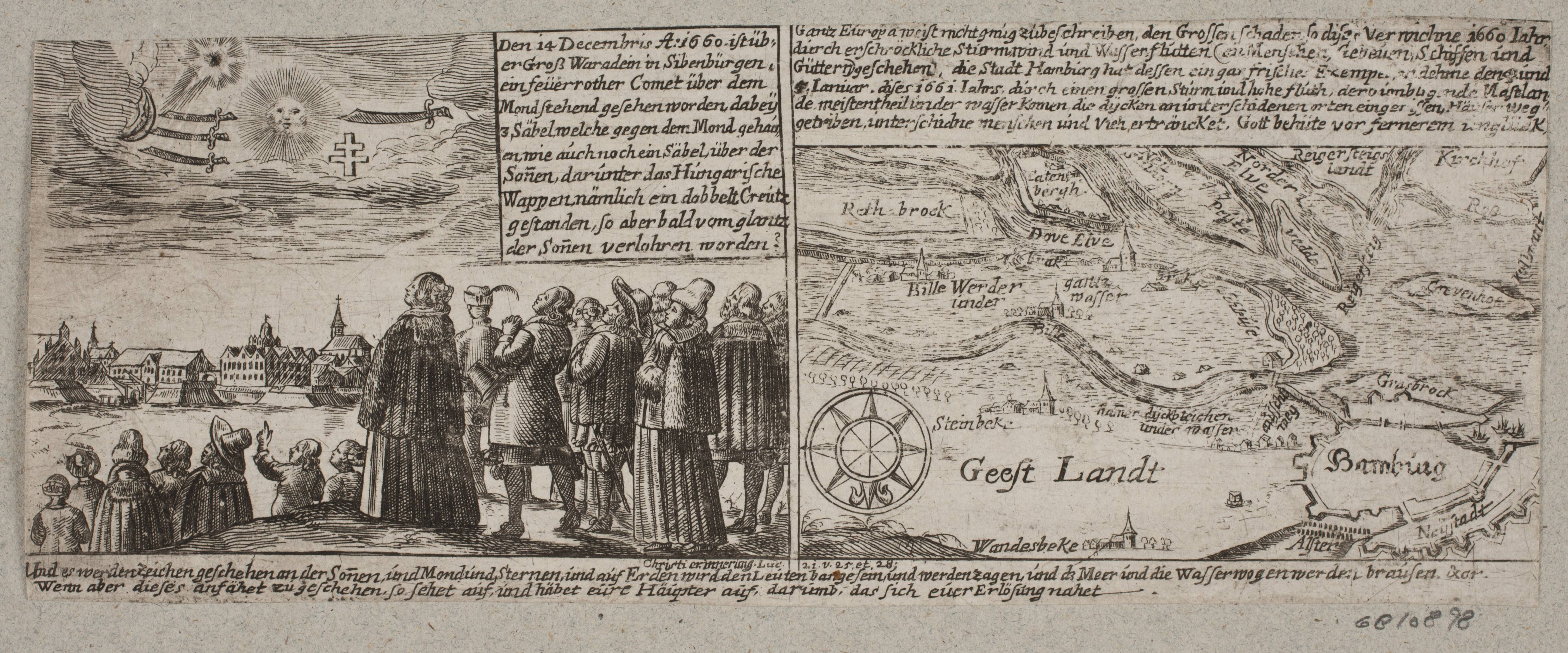 Komet, der viste sig i Grossvardein, Sibenbürgen, 14. december 1660, samt kort over egen ved Hamborg under stormfloden 4. januar 1661
