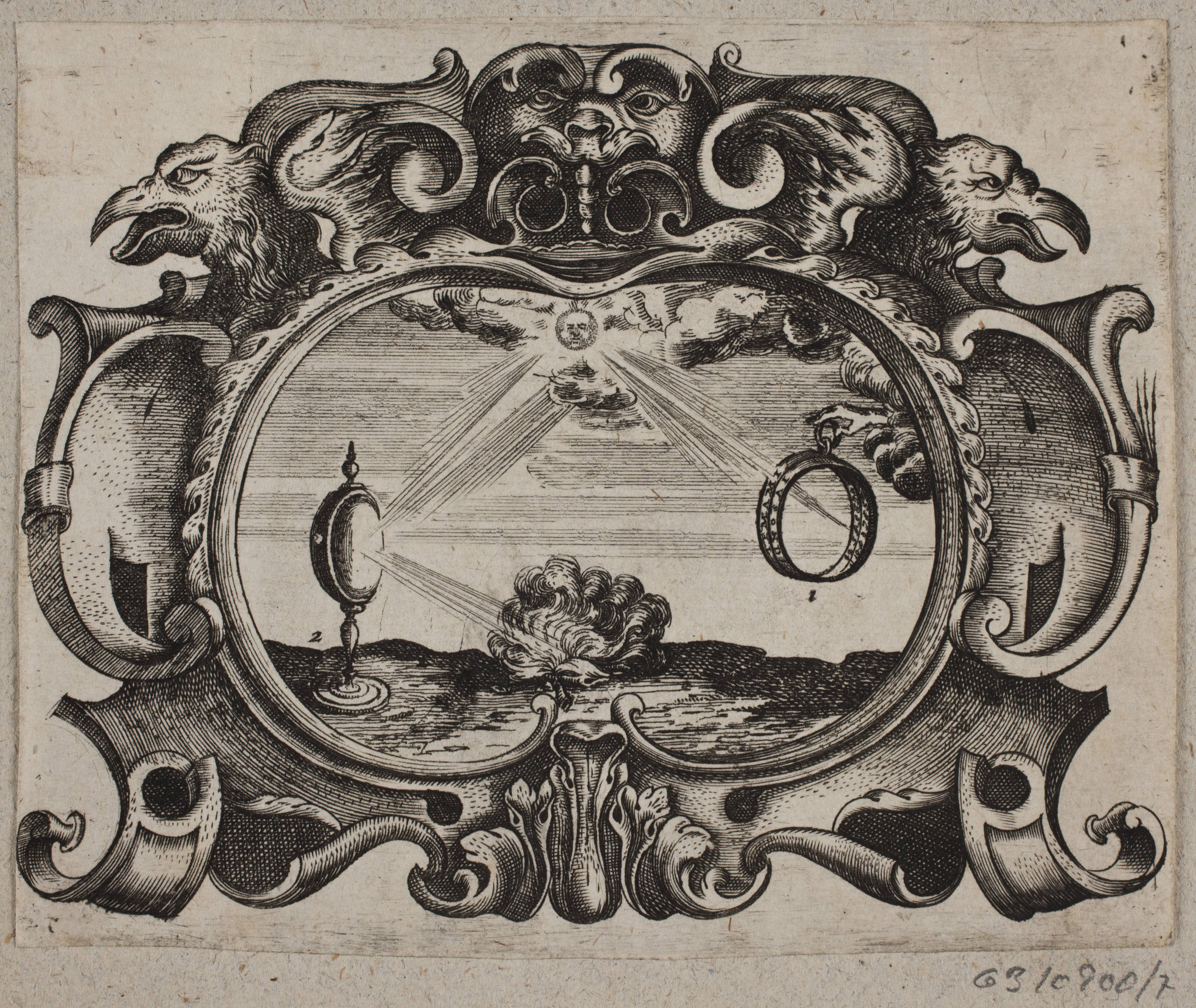 Emblem med sol, der stråler gennem en ring og gennem et brændeglas, så der antændes et bål