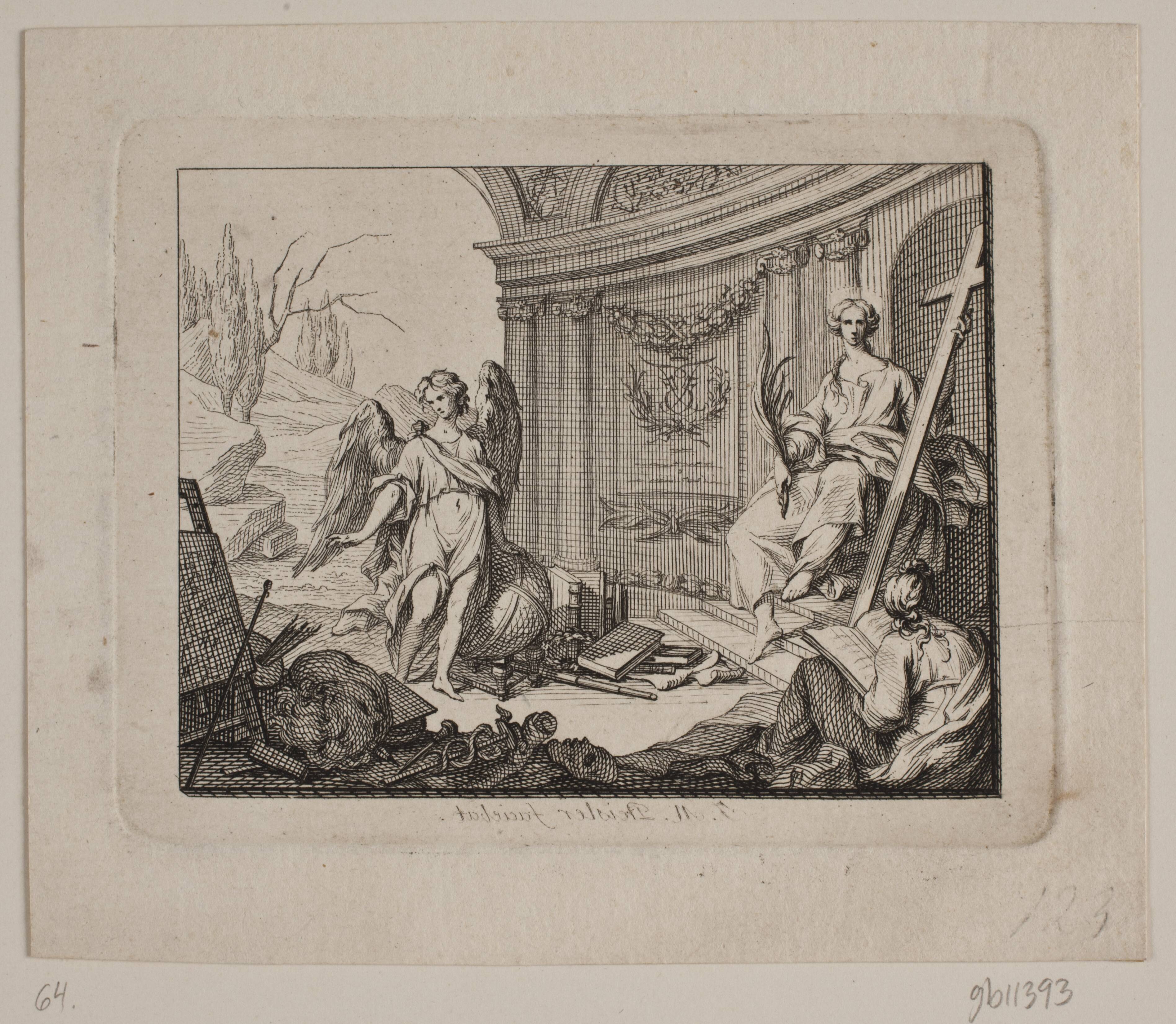 Vignet. T.v. en engel, t.h. siddende figur med kors