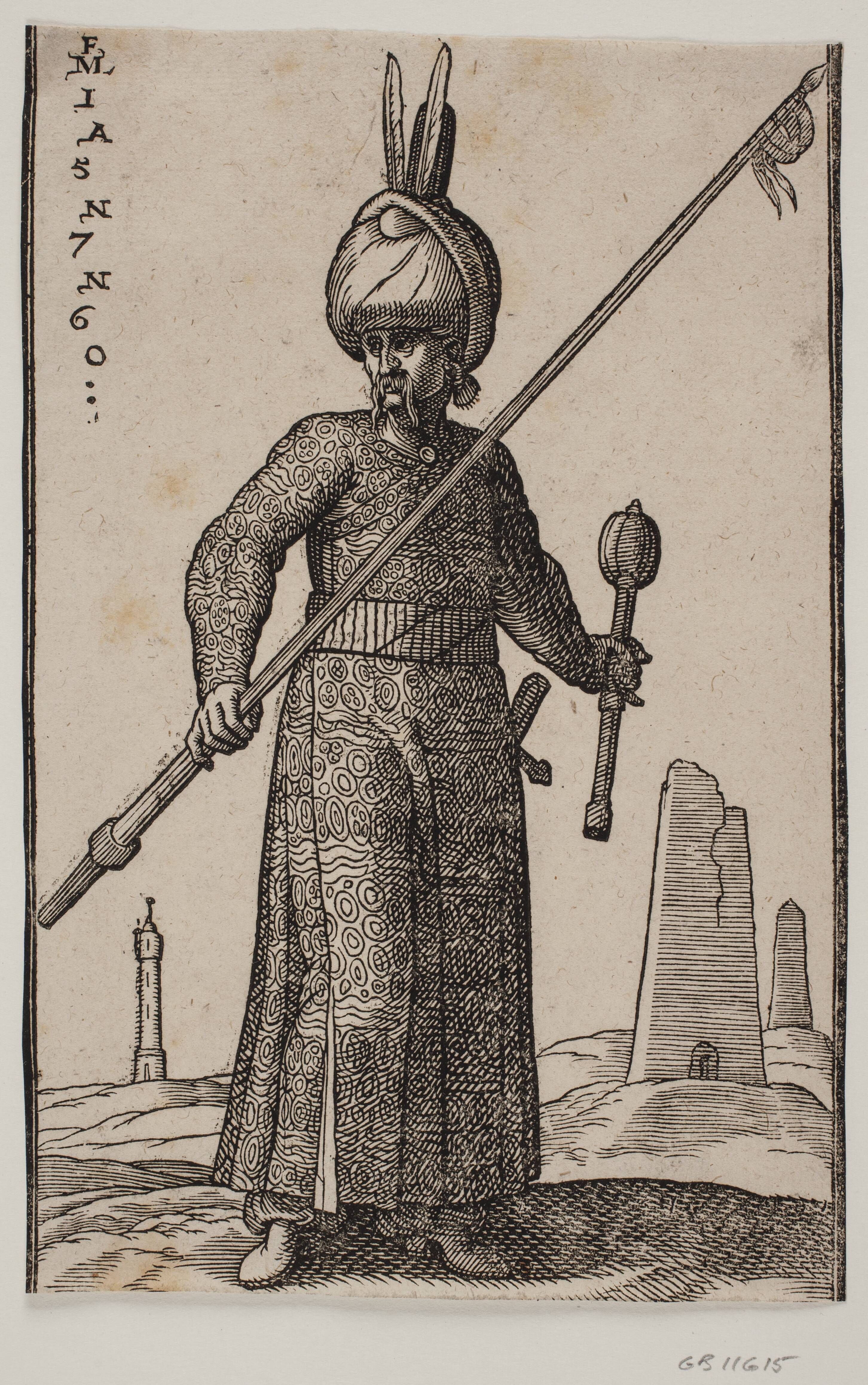 Standing soldier, seen from the front; in his right hand, a lance with a pennant on the tip; in his left hand, a club; on his head, a turban with two feathers; in the landscape, a "lighthouse" and a couple of obelisk-like buildings