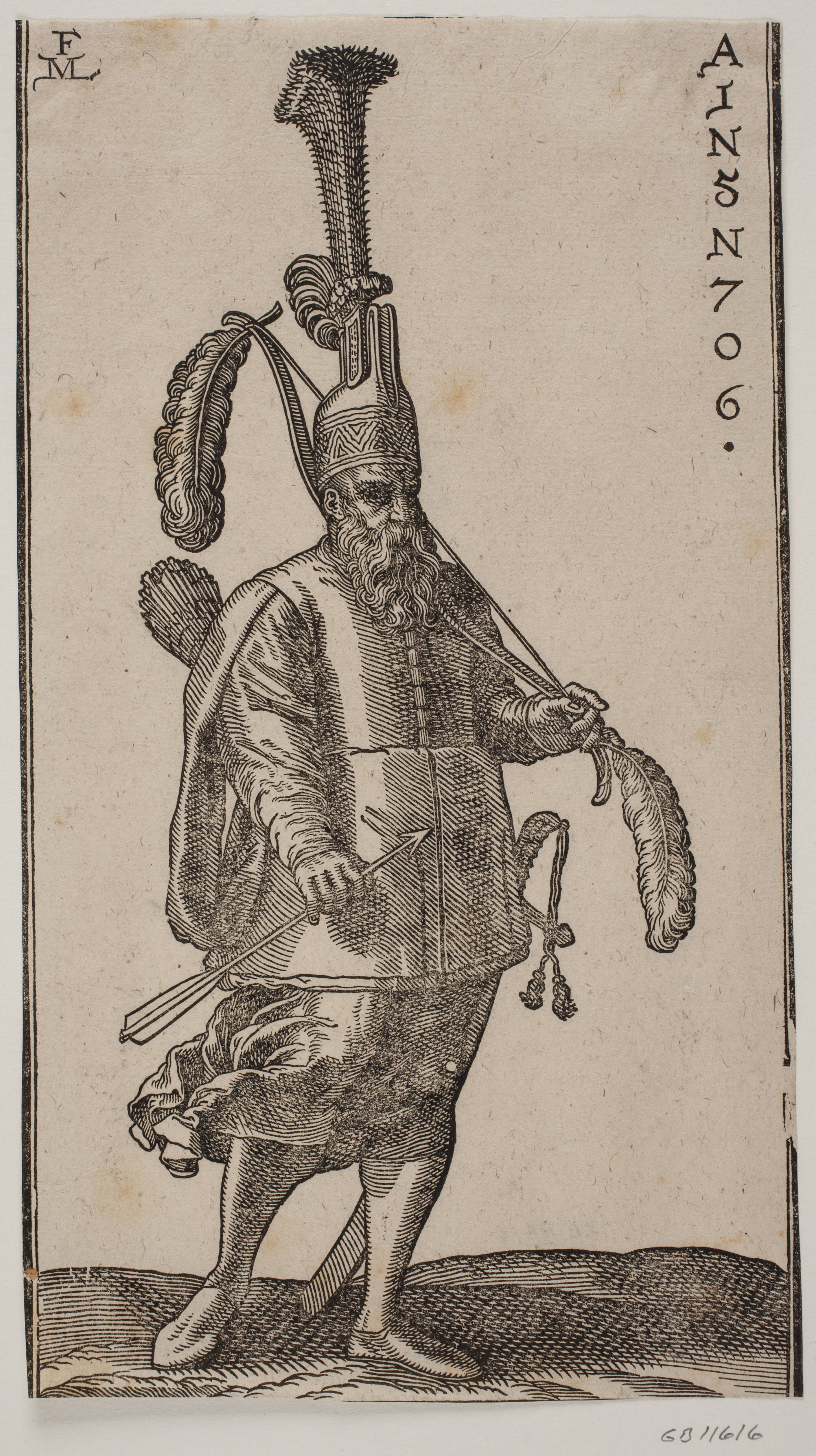 Standing soldier, turned toward the right side of the picture; headdress with very high upright plume; in the left hand, a bow with large feathers on both ends; in the right hand, an arrow; on his back, a quiver and at his side, a sword