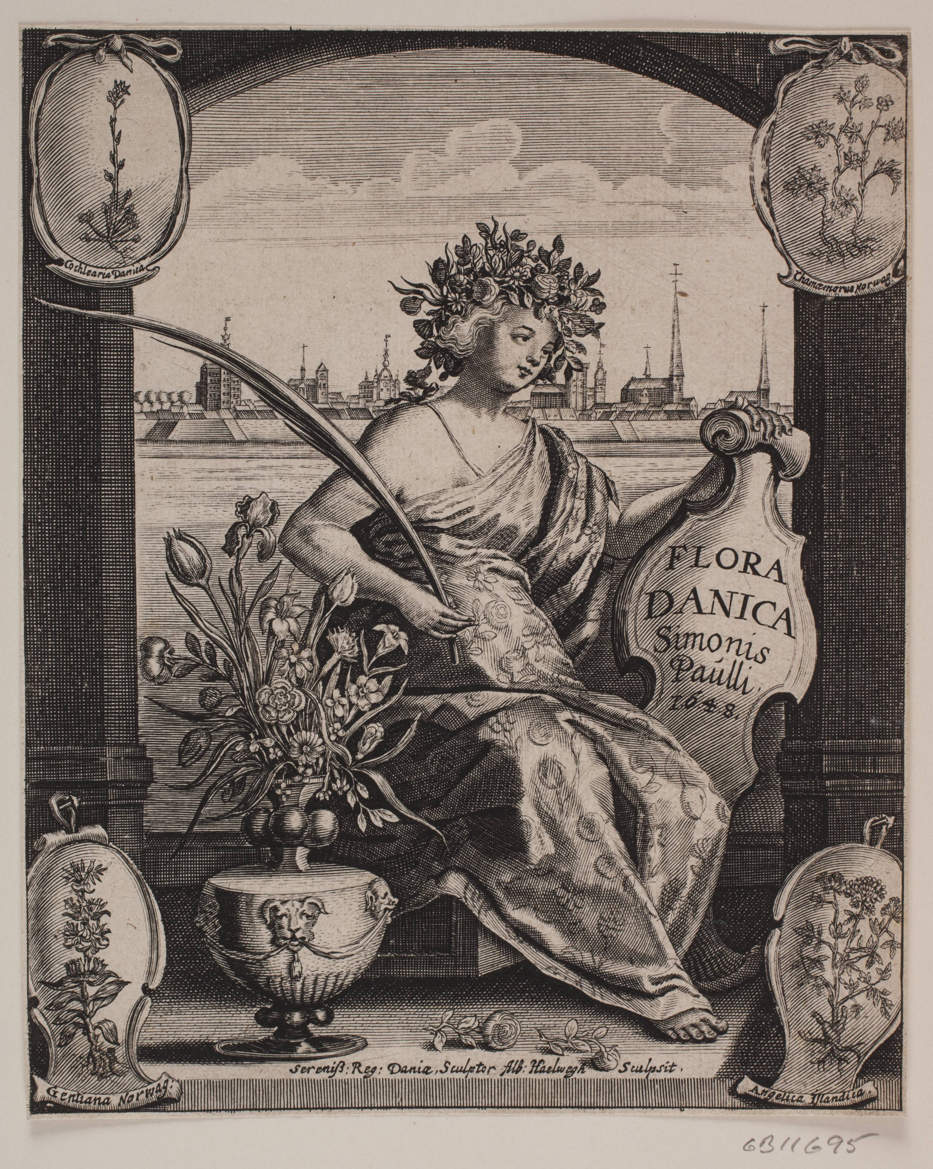 Siddende Flora. Titelblad til Simon Paullis, "Flora danica", 1648