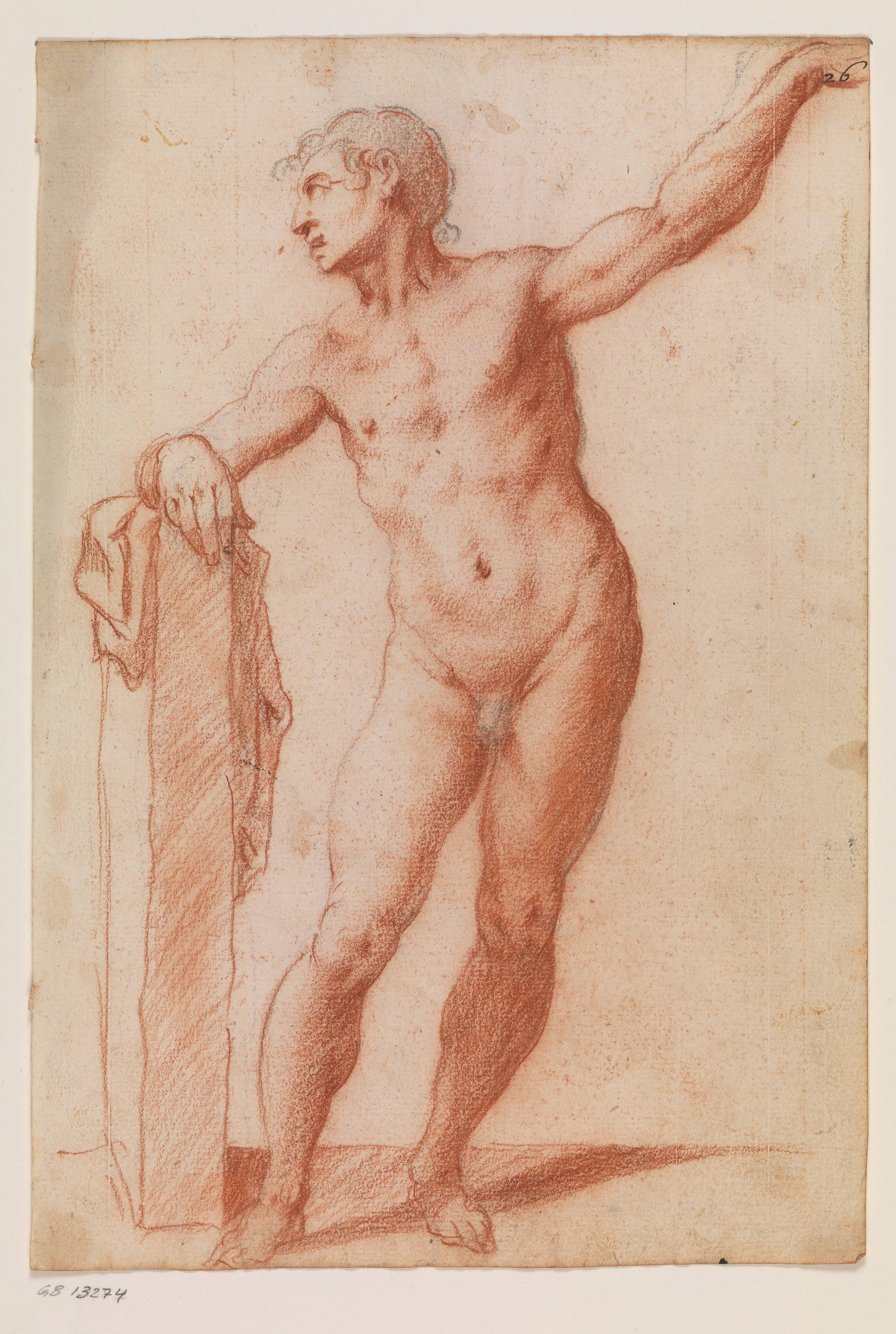 Standing male figure leaning on a plinth to the left
