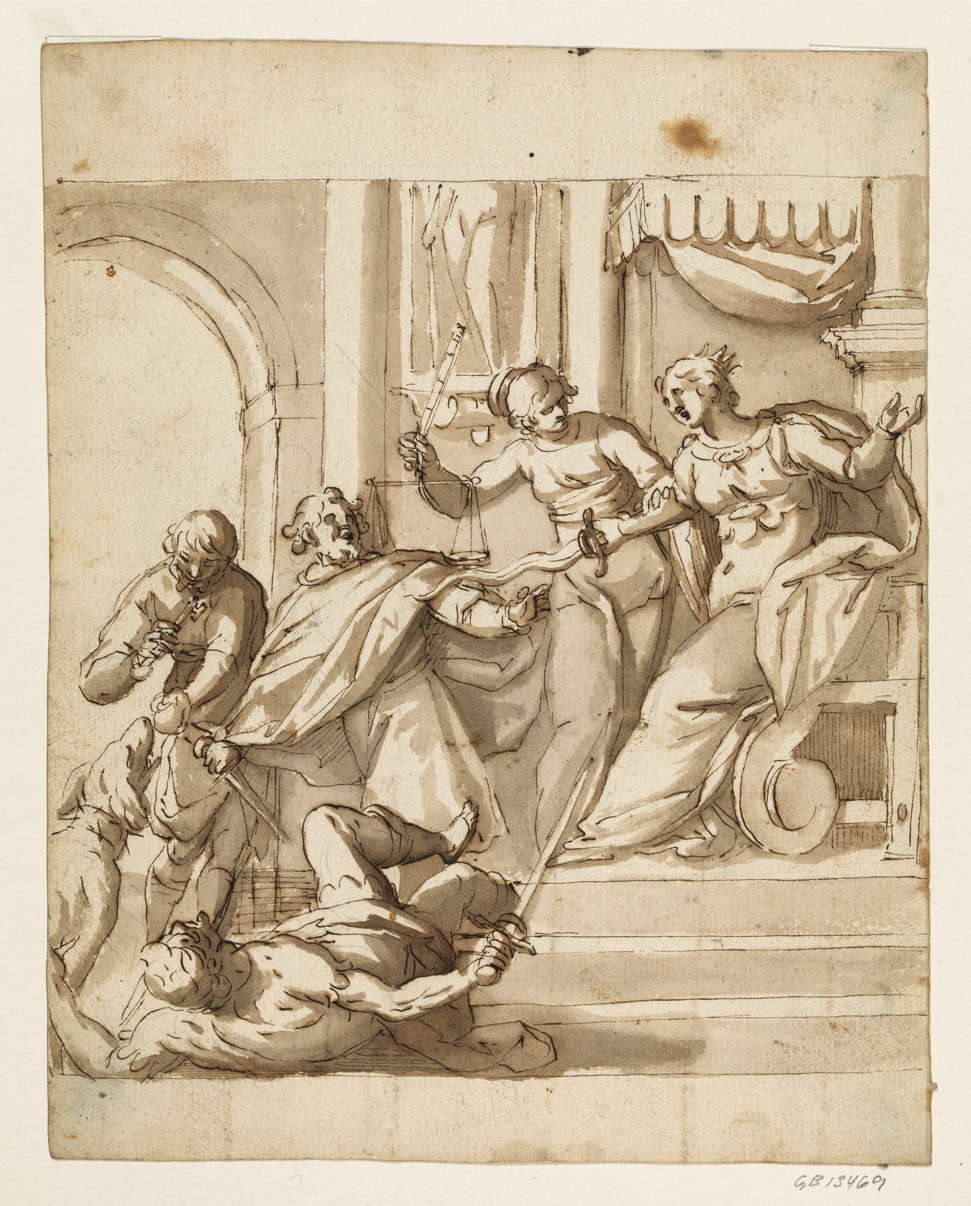 Allegorical composition with Justice restraining an enthroned queen from intervening with her sword in a fight between two men in front of the throne, while a third with a key is feeding a dog