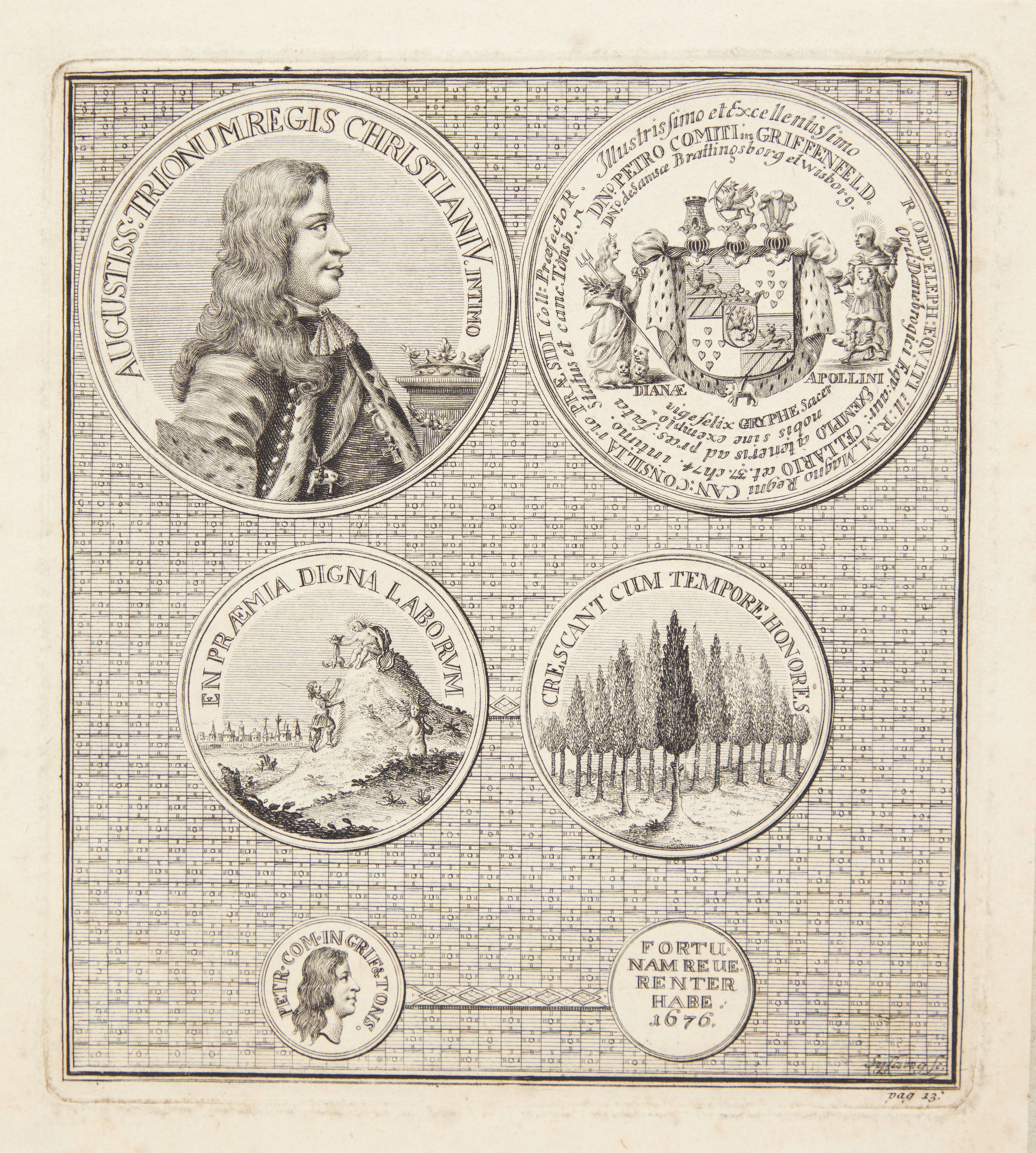 Seks medaljoner med forskellige motiver, to af dem med portrætter af Peder Griffenfeld