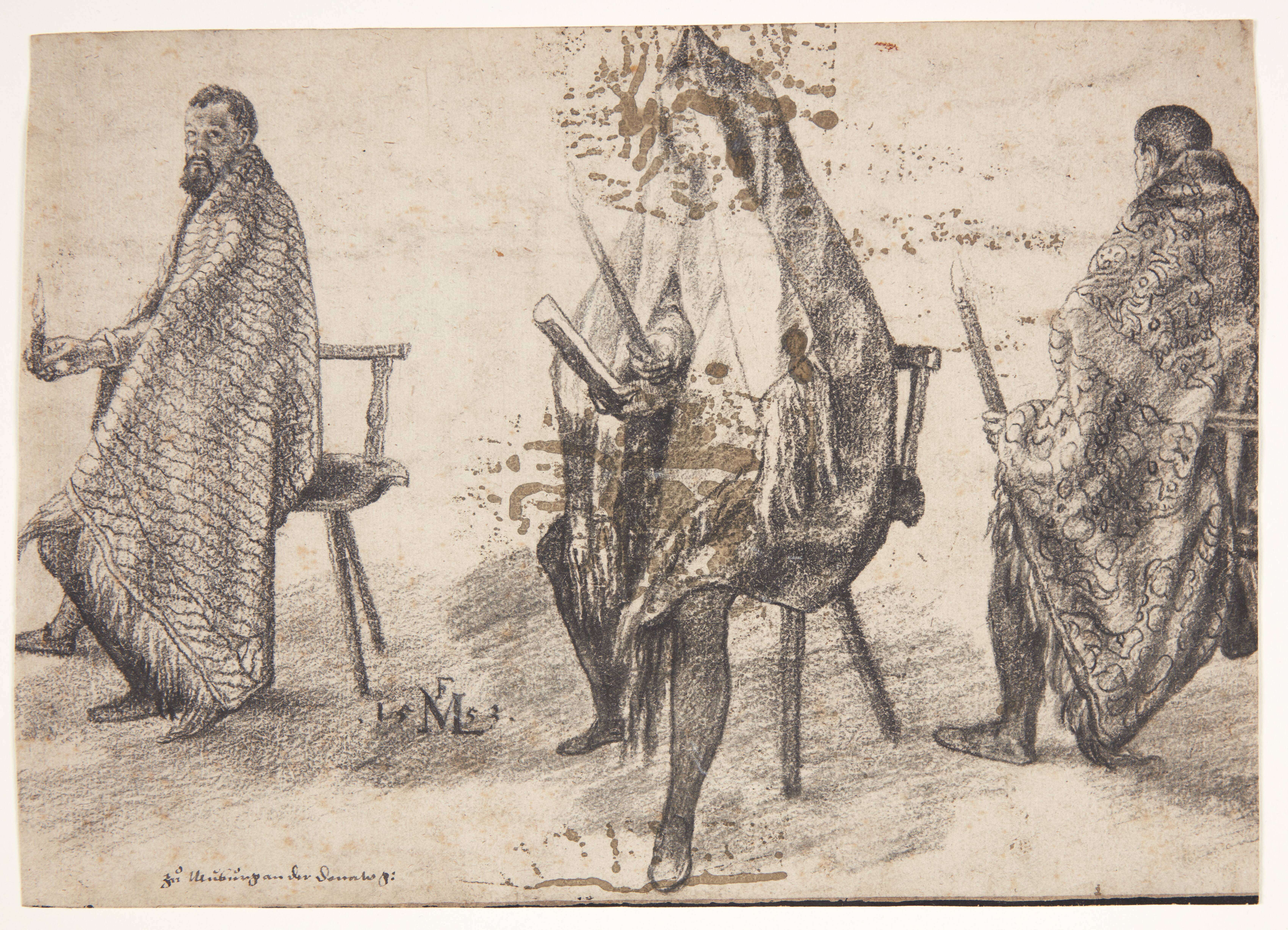 Three Seated Men, Each One Holding a Candle in His Hand
