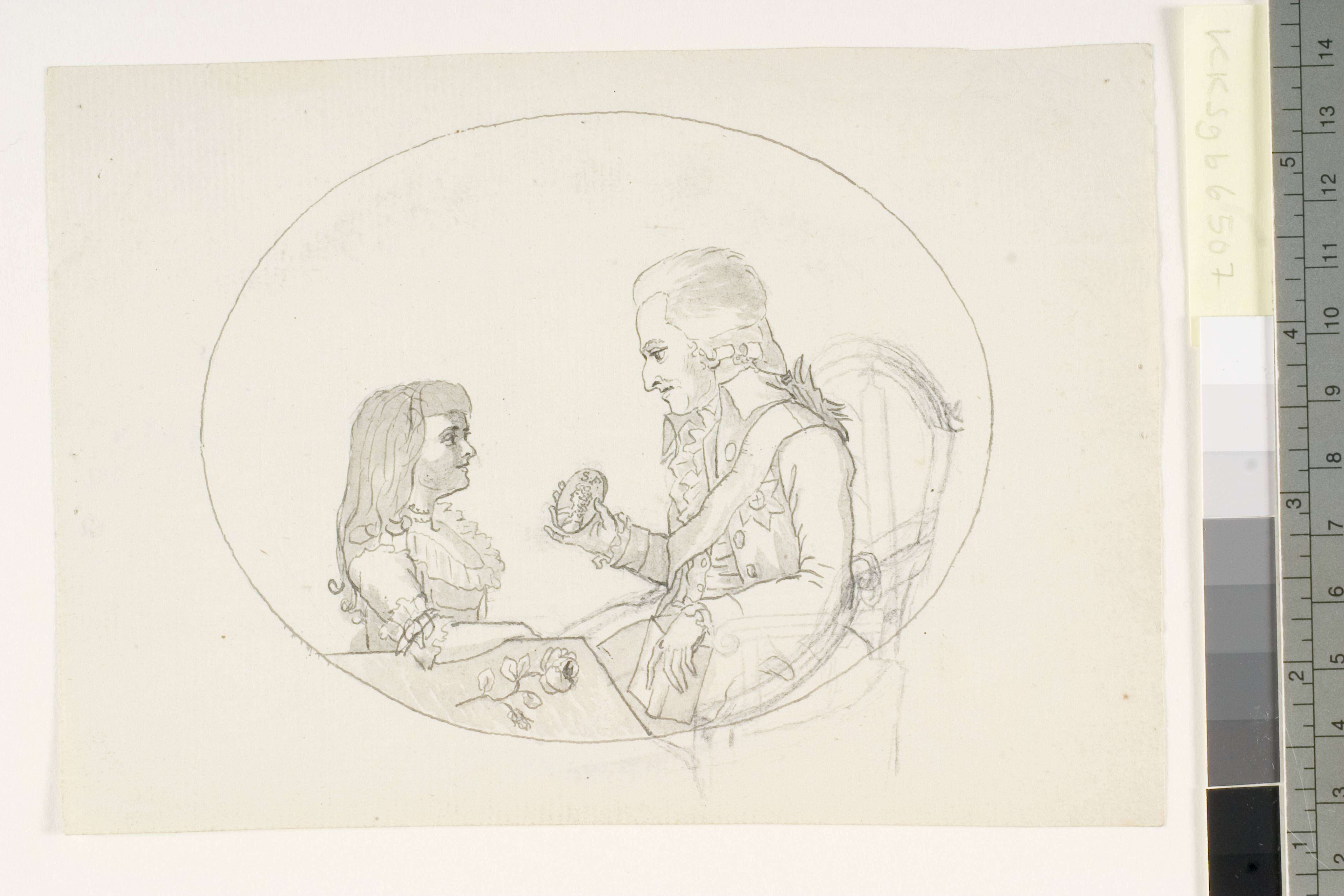 Arveprins Frederik med arveprinsen (Chr. VIII) viser et portræt af den afdøde arveprinsesse Sofie Frederikke