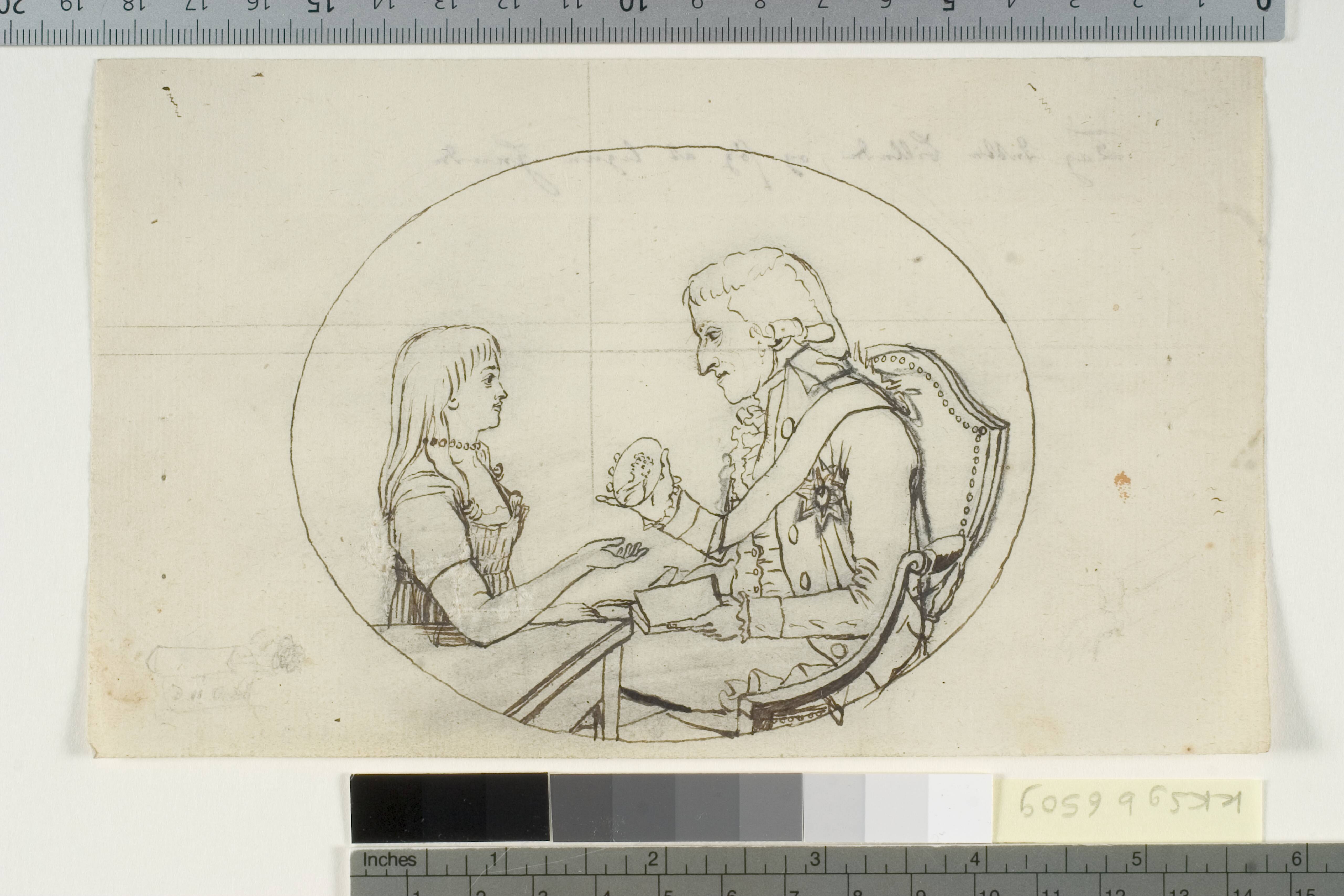 Arveprins Frederik med arveprinsen (Chr. VIII) viser et portræt af den afdøde arveprinsesse Sofie Frederikke