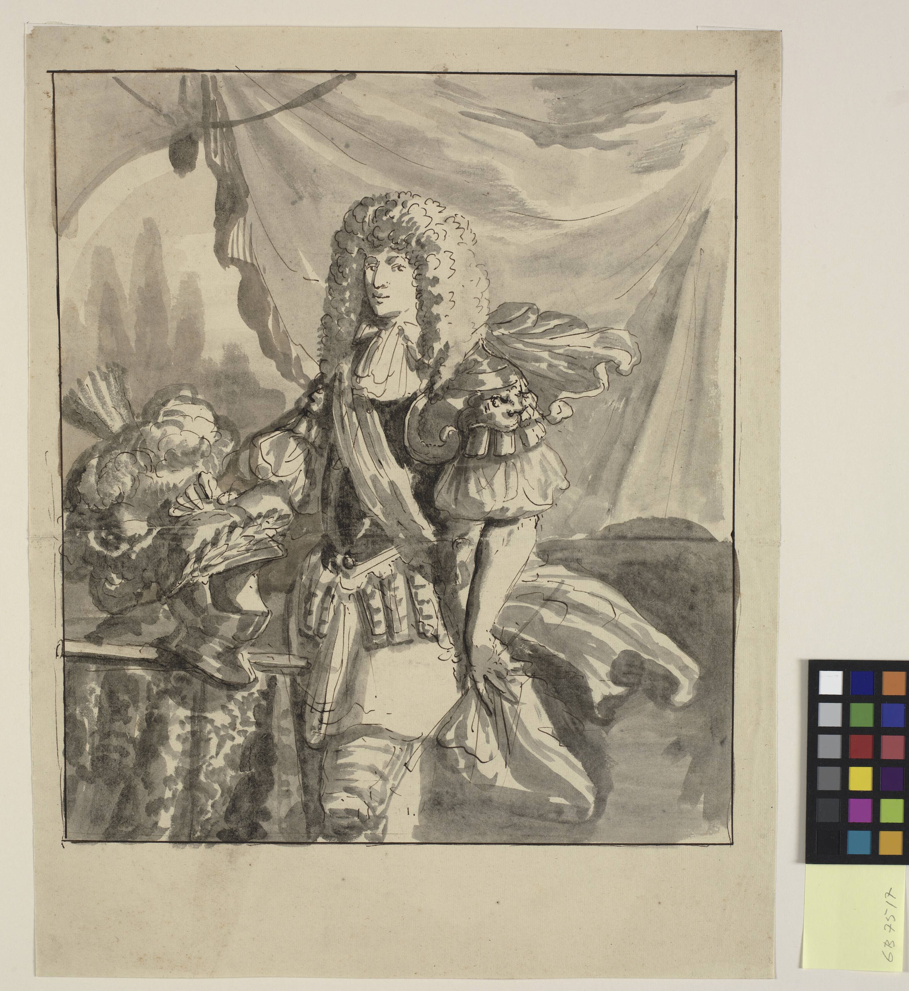 Portræt af en feltherre, knæstykke, med en stor fjerprydet hat