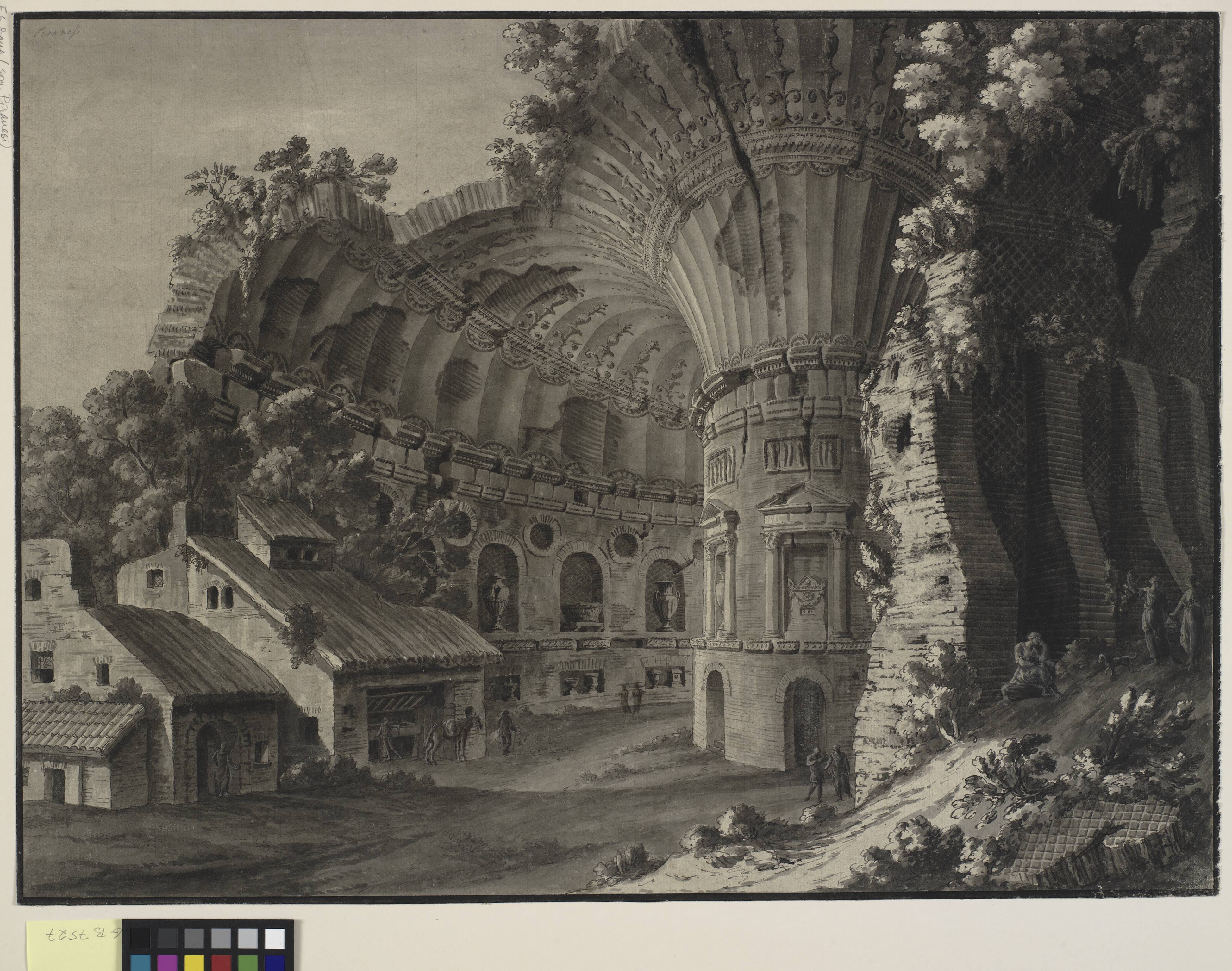 Architectural fantasy. The inside of a ruin of a rotunda with a gigantic vault