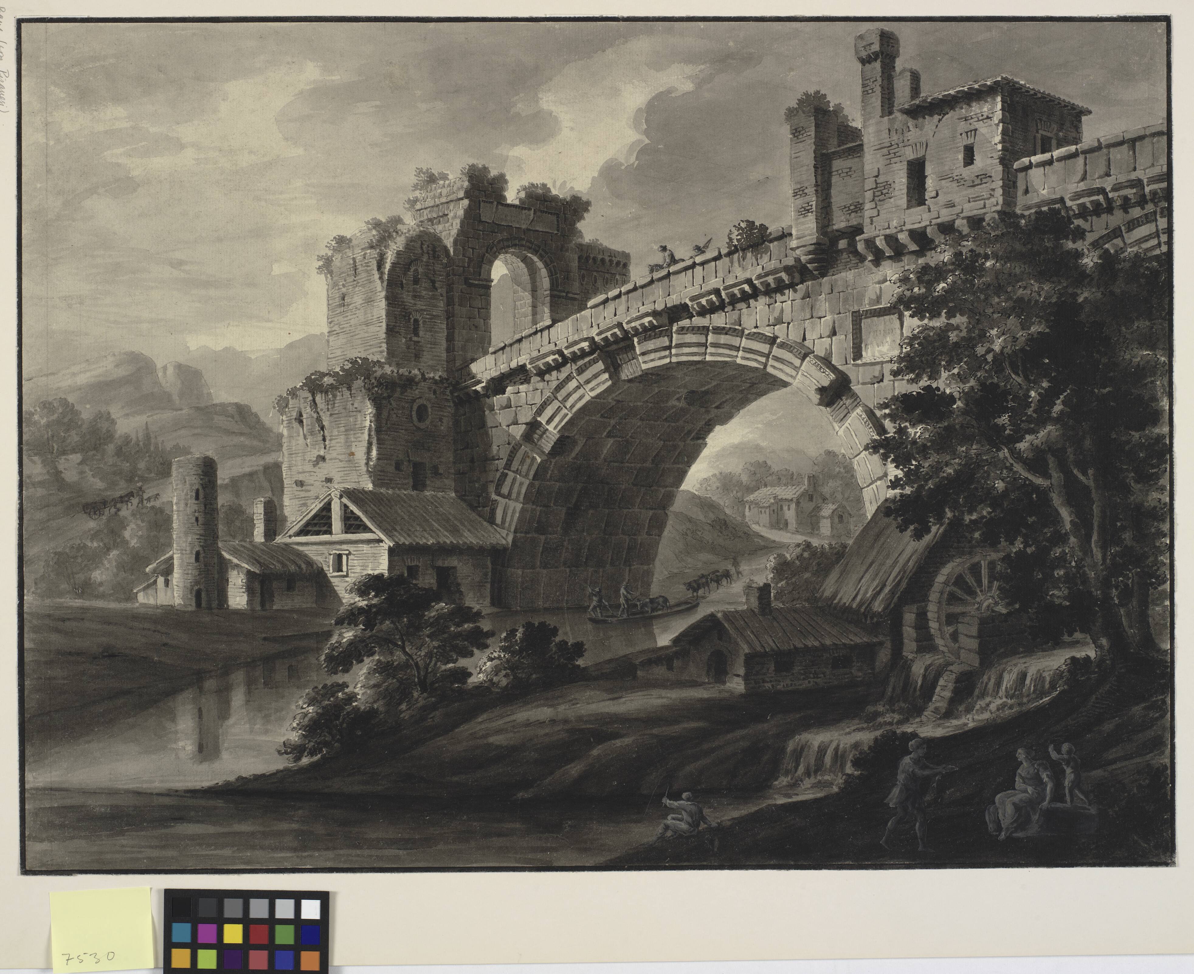 Architectural fantasy with an antique bridge over a river, and a watermill in the foreground