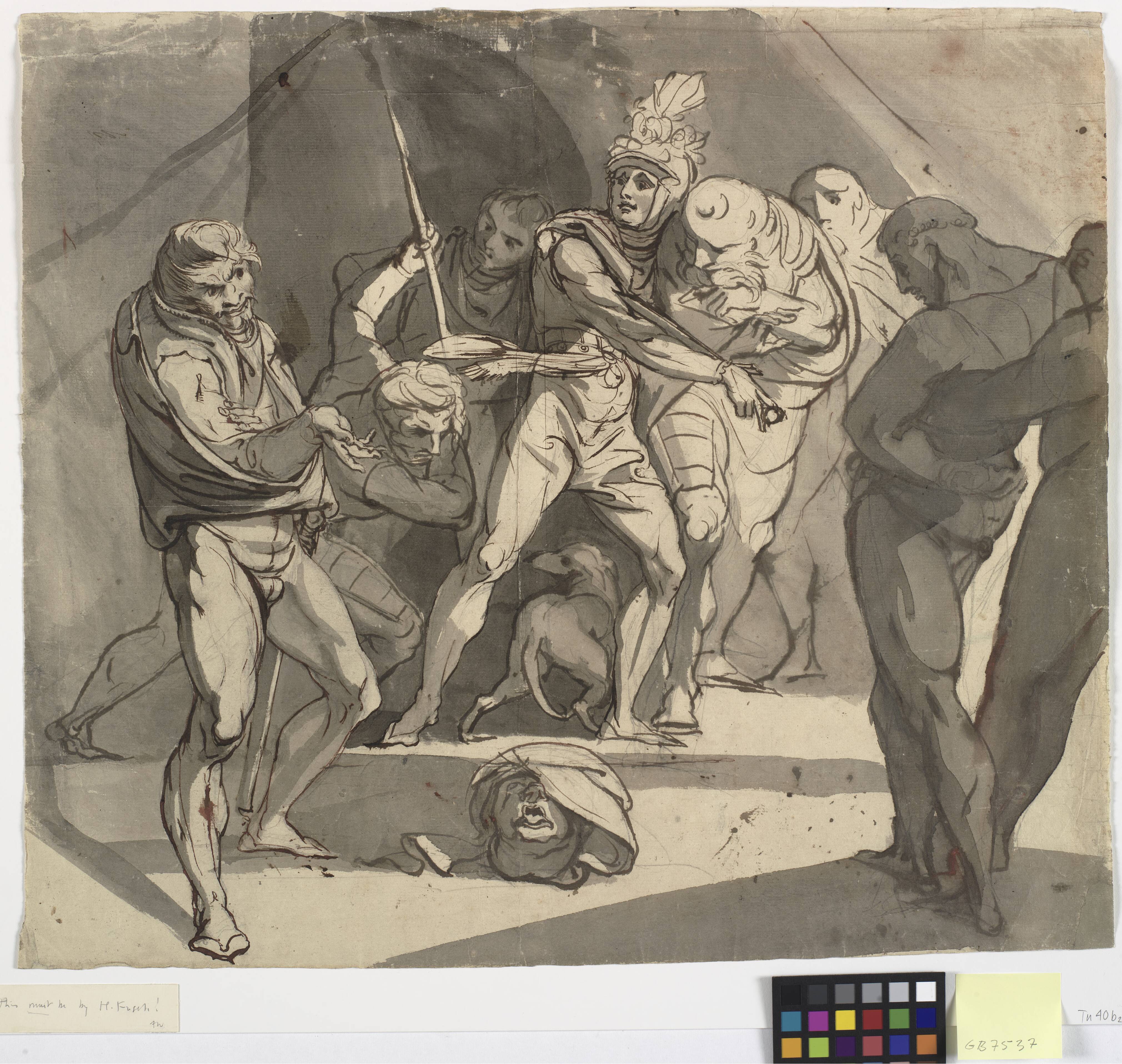 Richard Plantagenet throws the severed head of the duke of Somerset at the feet of his father. Illustration for Shakespeare's Henry VI, Part 3, act 1, line 20