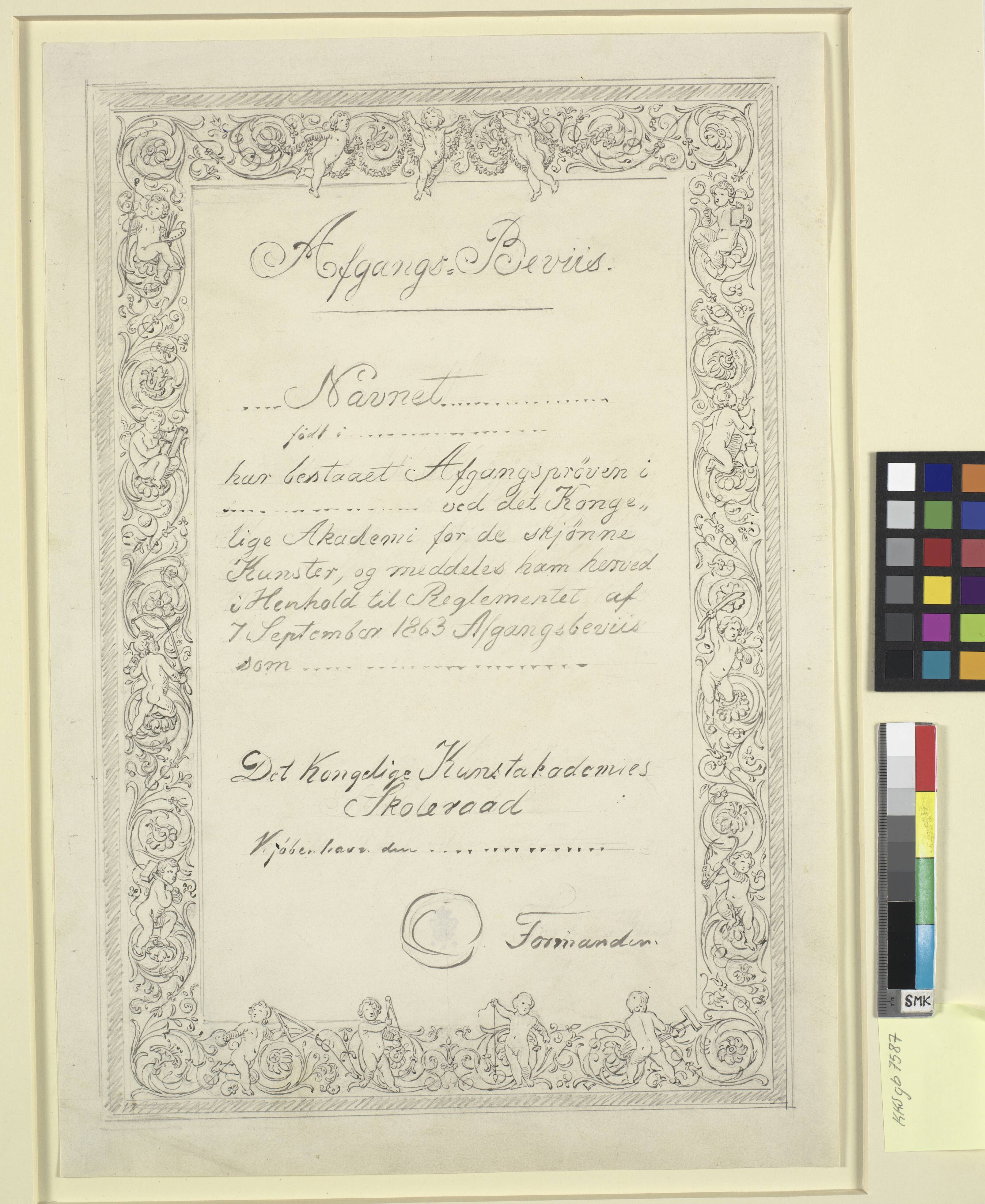 Udkast til Afgangsbevis fra Kunstakademiet 1865