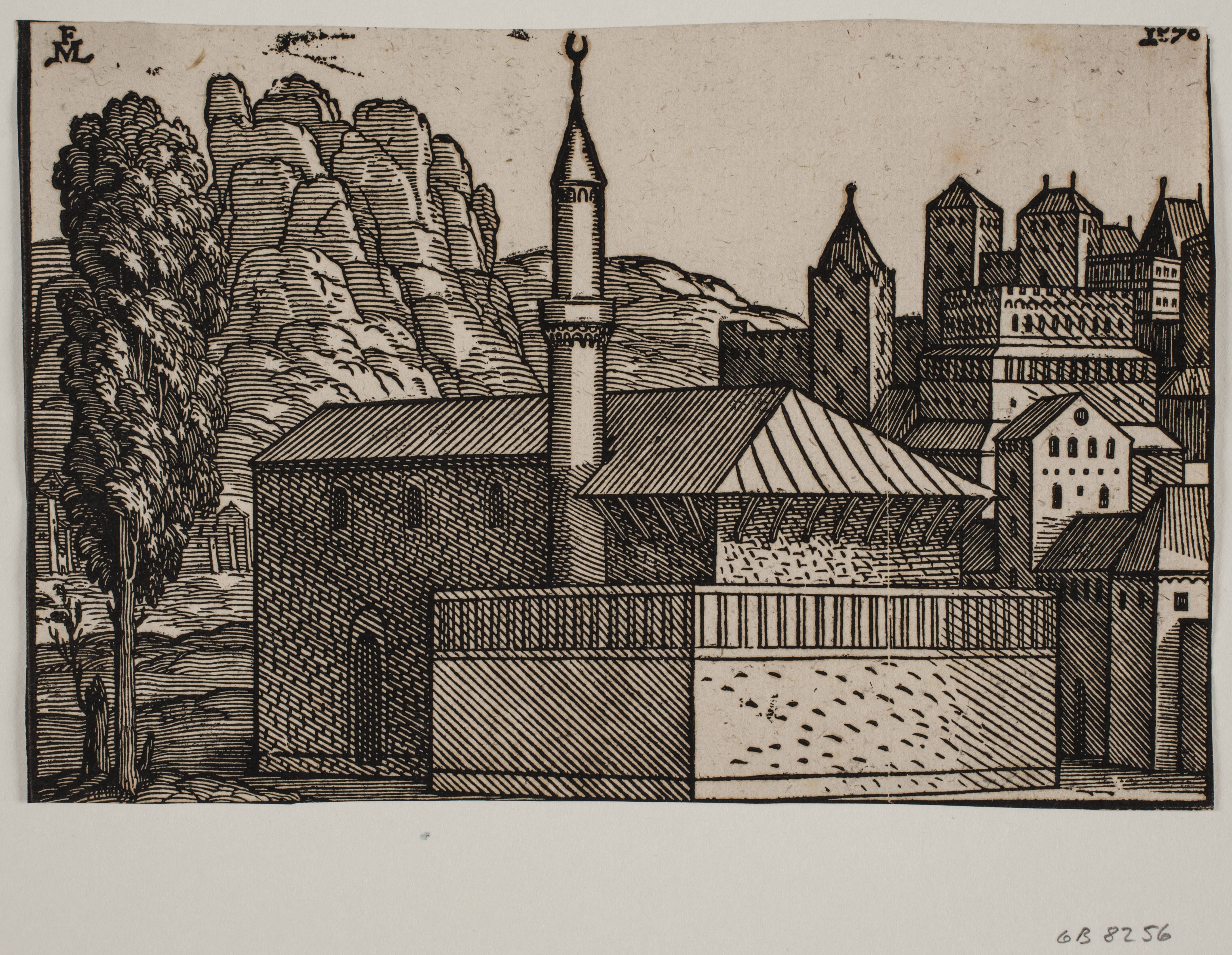 Uidentificeret moské med 1 minaret, t.v. højt træ