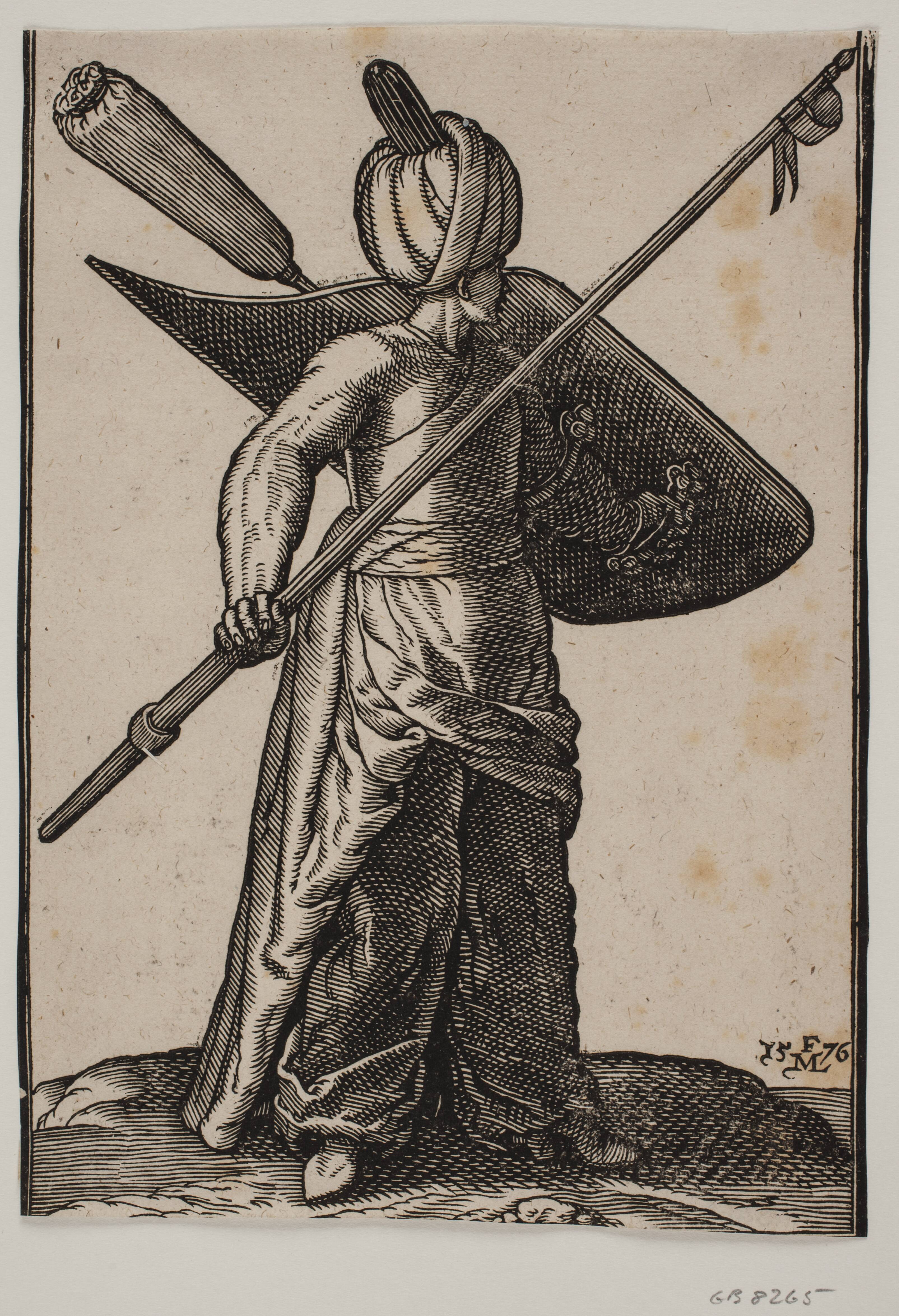 Stående soldat, vendt mod h.; på hovedet turban, i h. hånd en løftet lanse med vimpel under spidsen; på v. arm et skjold med en stofomviklet fjerbusk