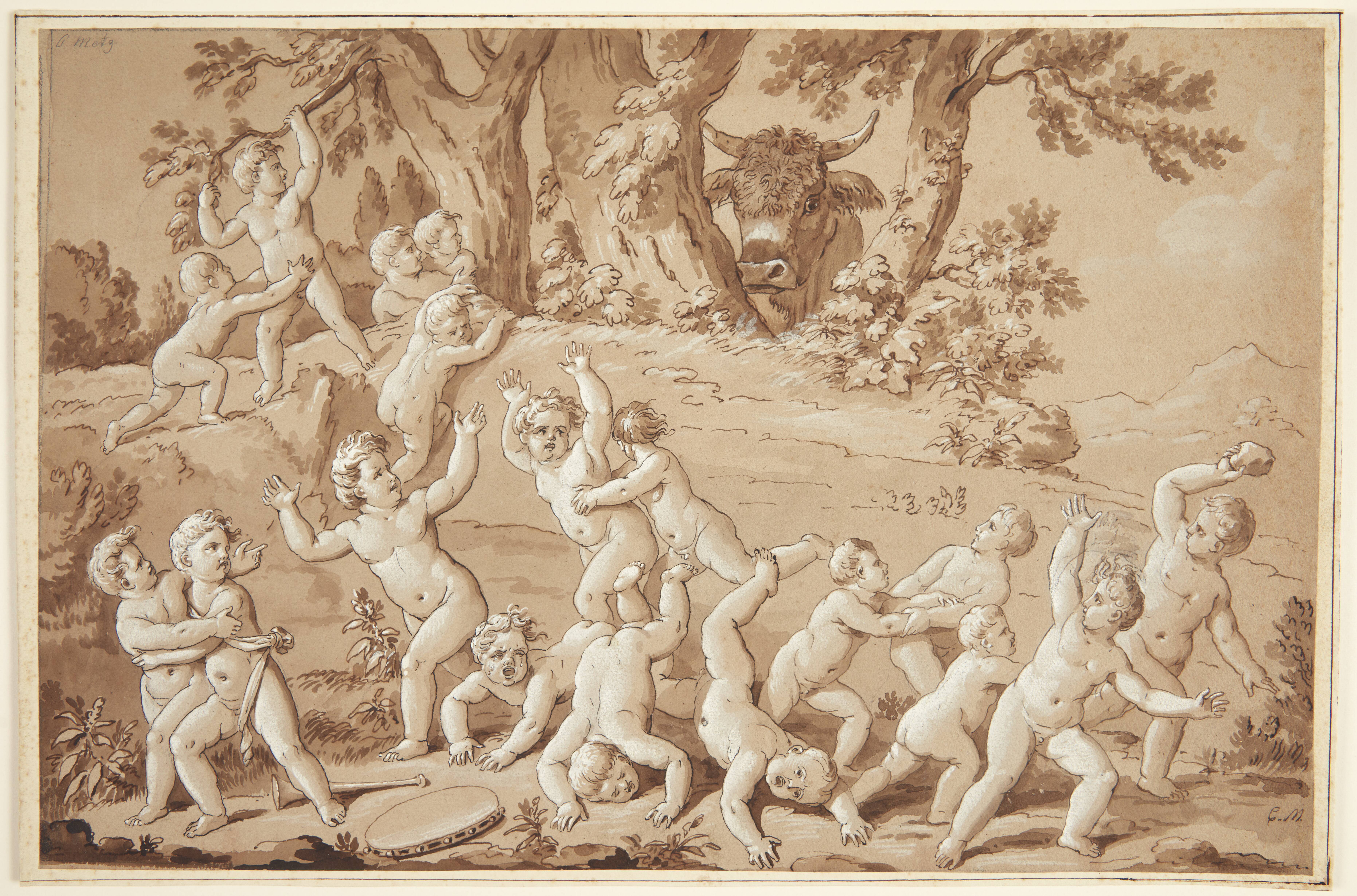 A Large Group of Putti Plunged into Terror by the Arrival of a Bull