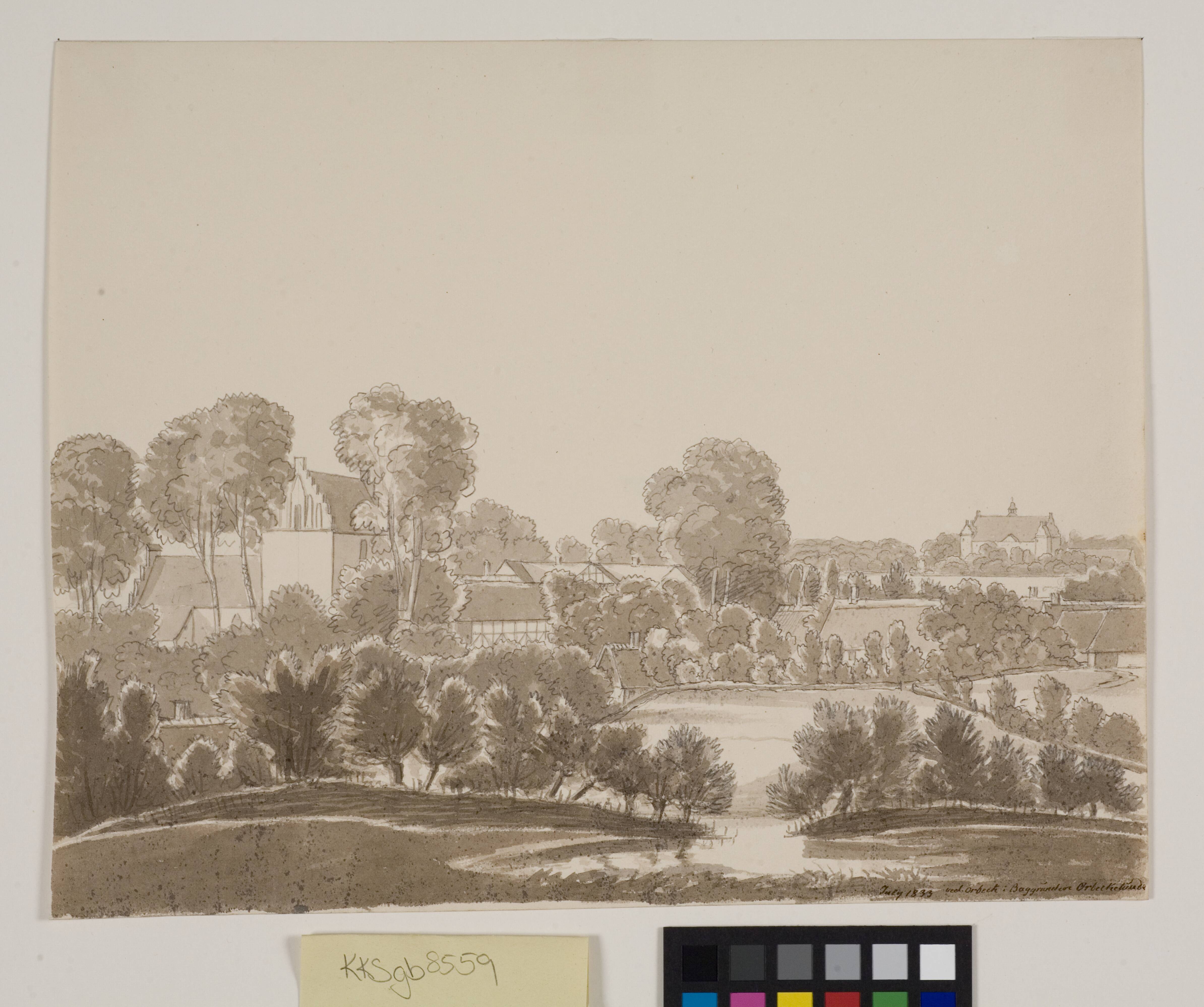 "Ved Ørbæk, i baggrunden Ørbæklunde. Fyn 1833"