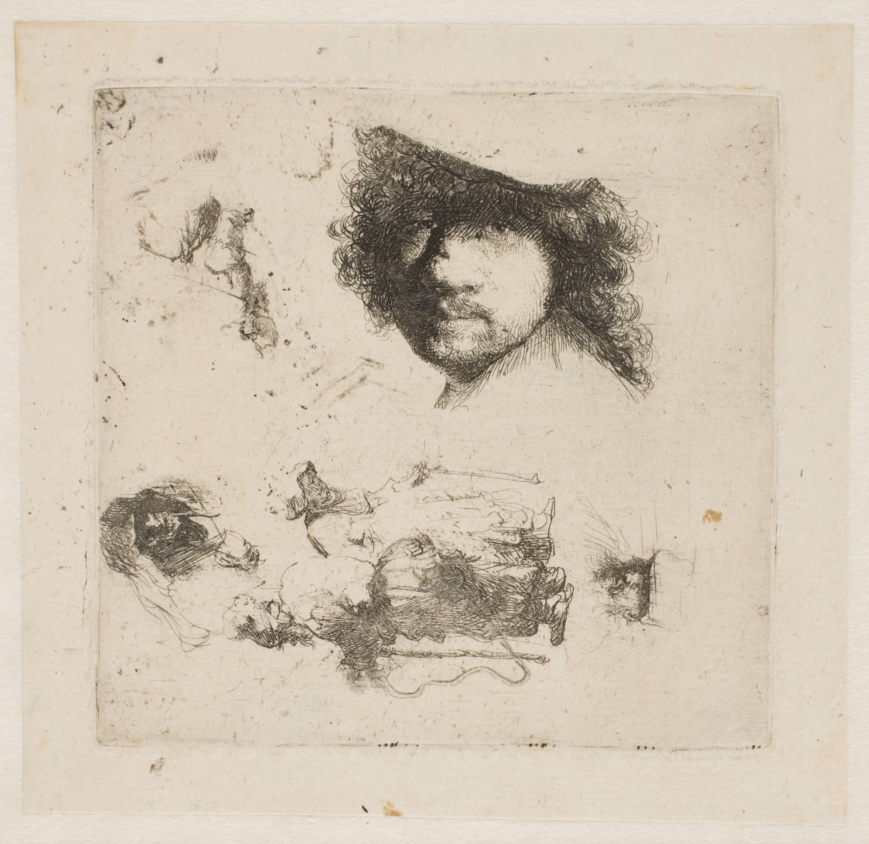 Sheet of studies: head of Rembrandt, beggar couple, heads of old man and old woman, etc.