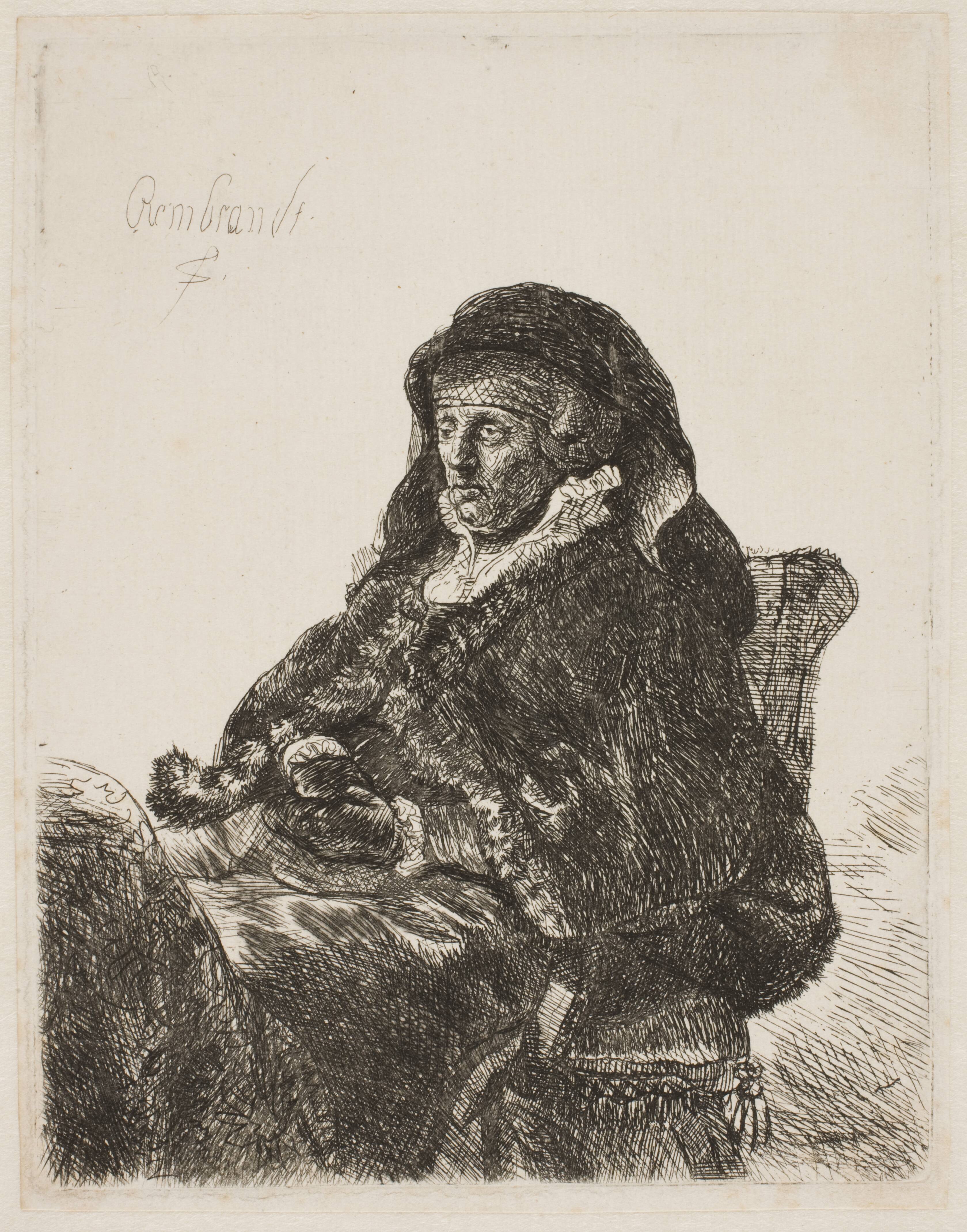 Rembrandt's mother in widow's dress and black gloves