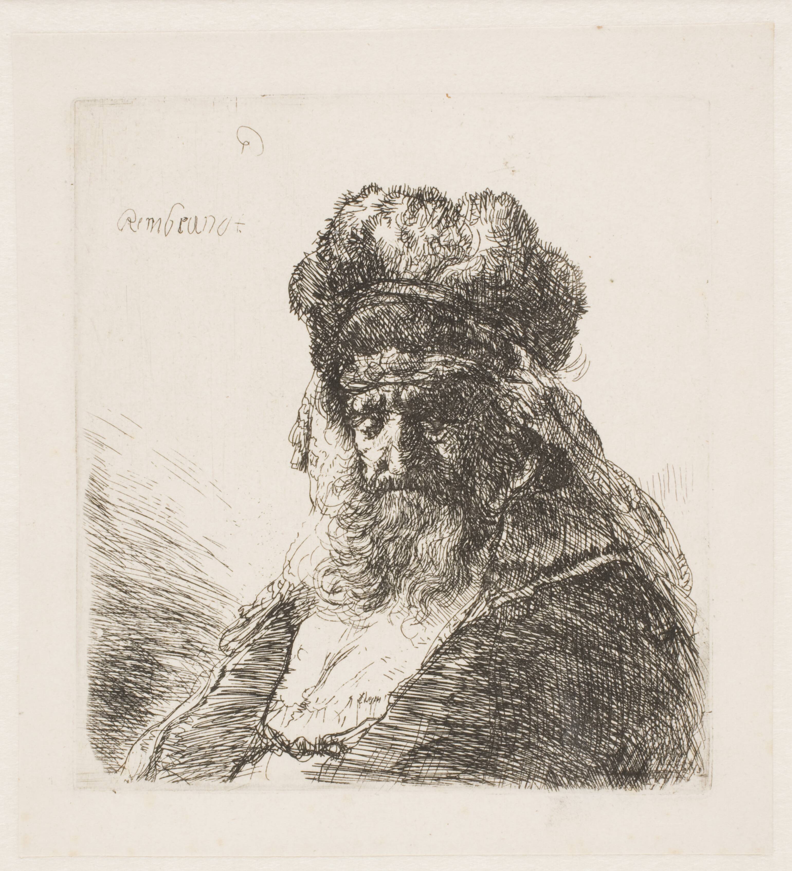 Old bearded man in a high fur cap, with closed eyes