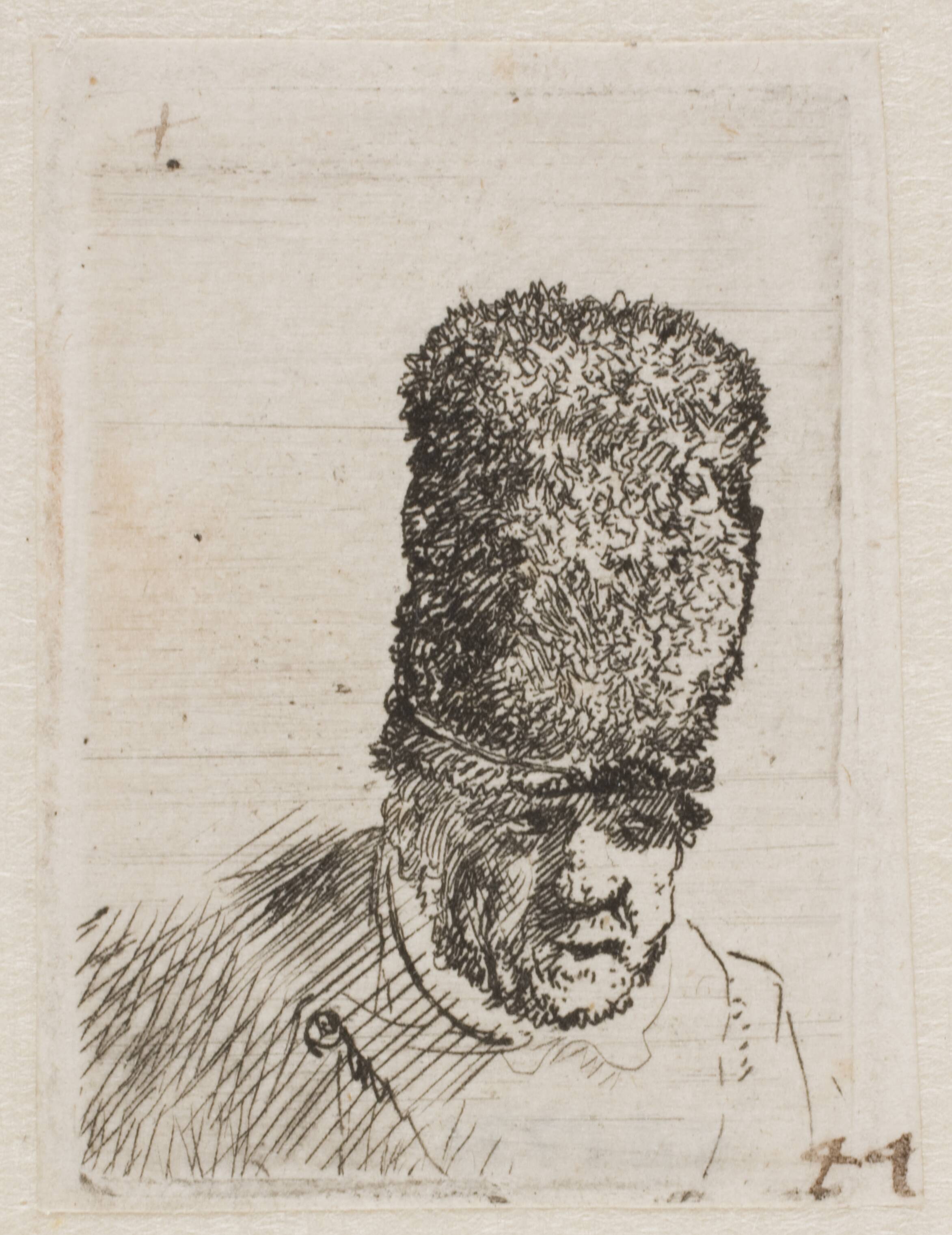 Head of an old man in a high fur cap