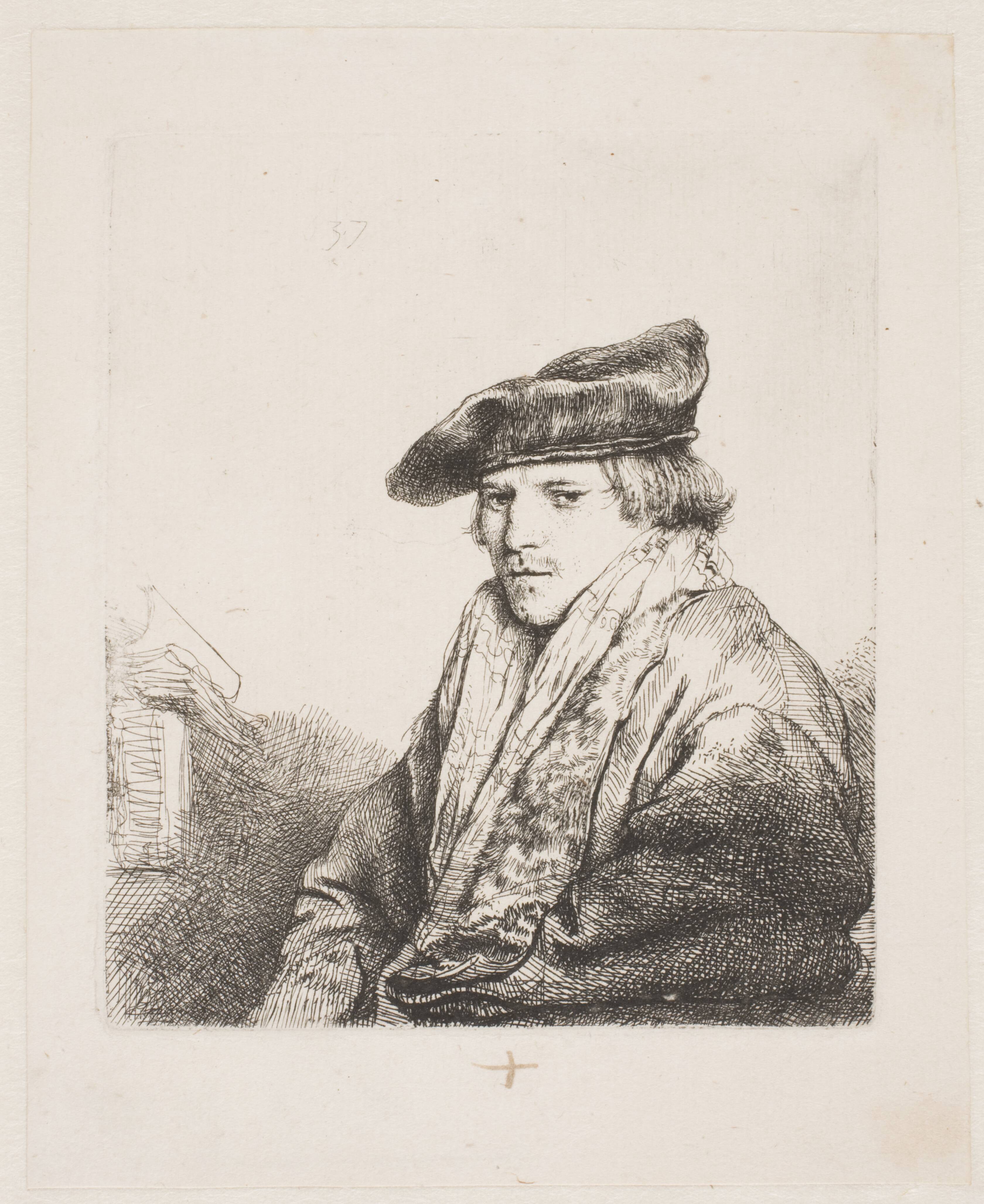 Young man in a velvet cap with books beside him