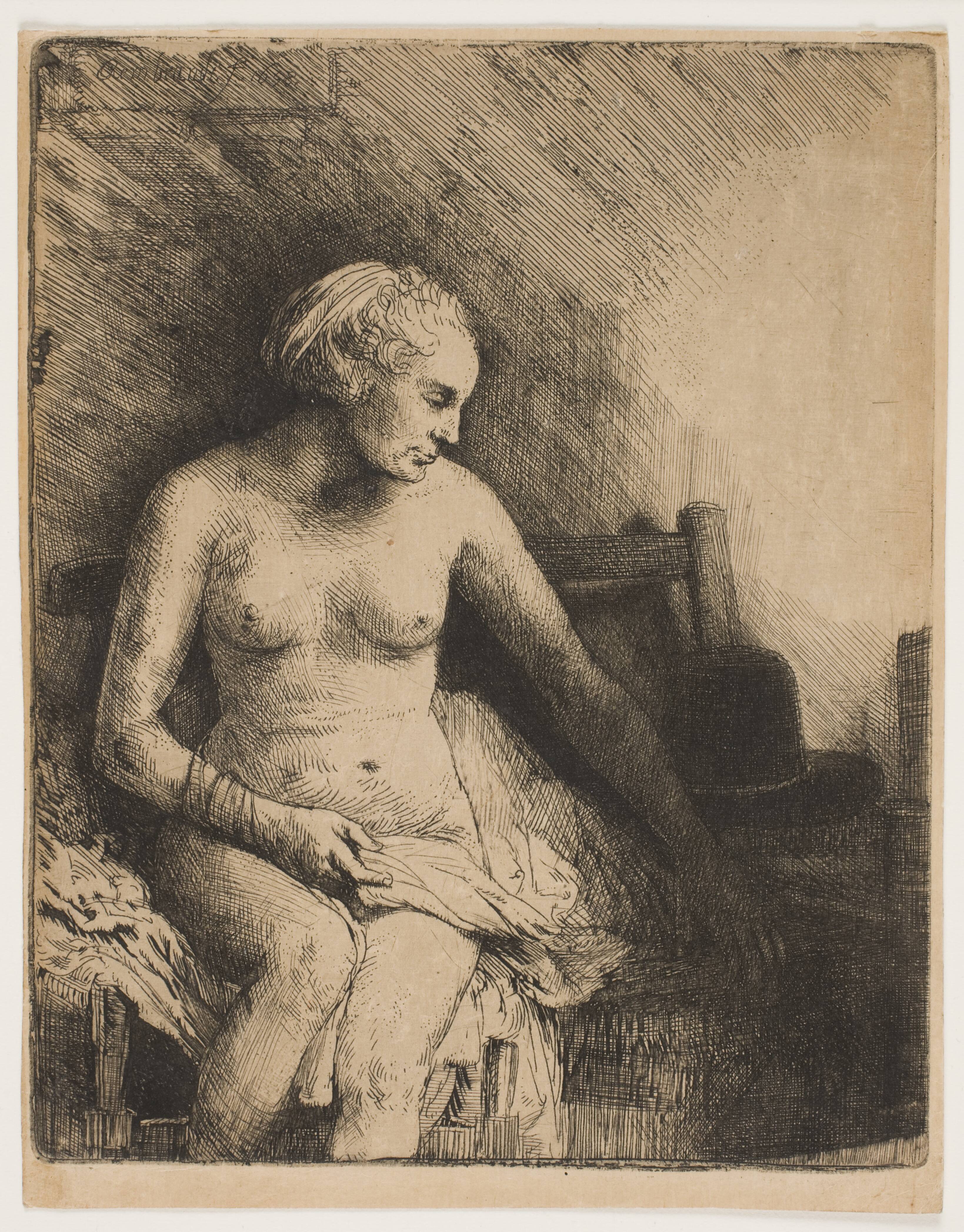 Woman at the bath, with a hat beside her