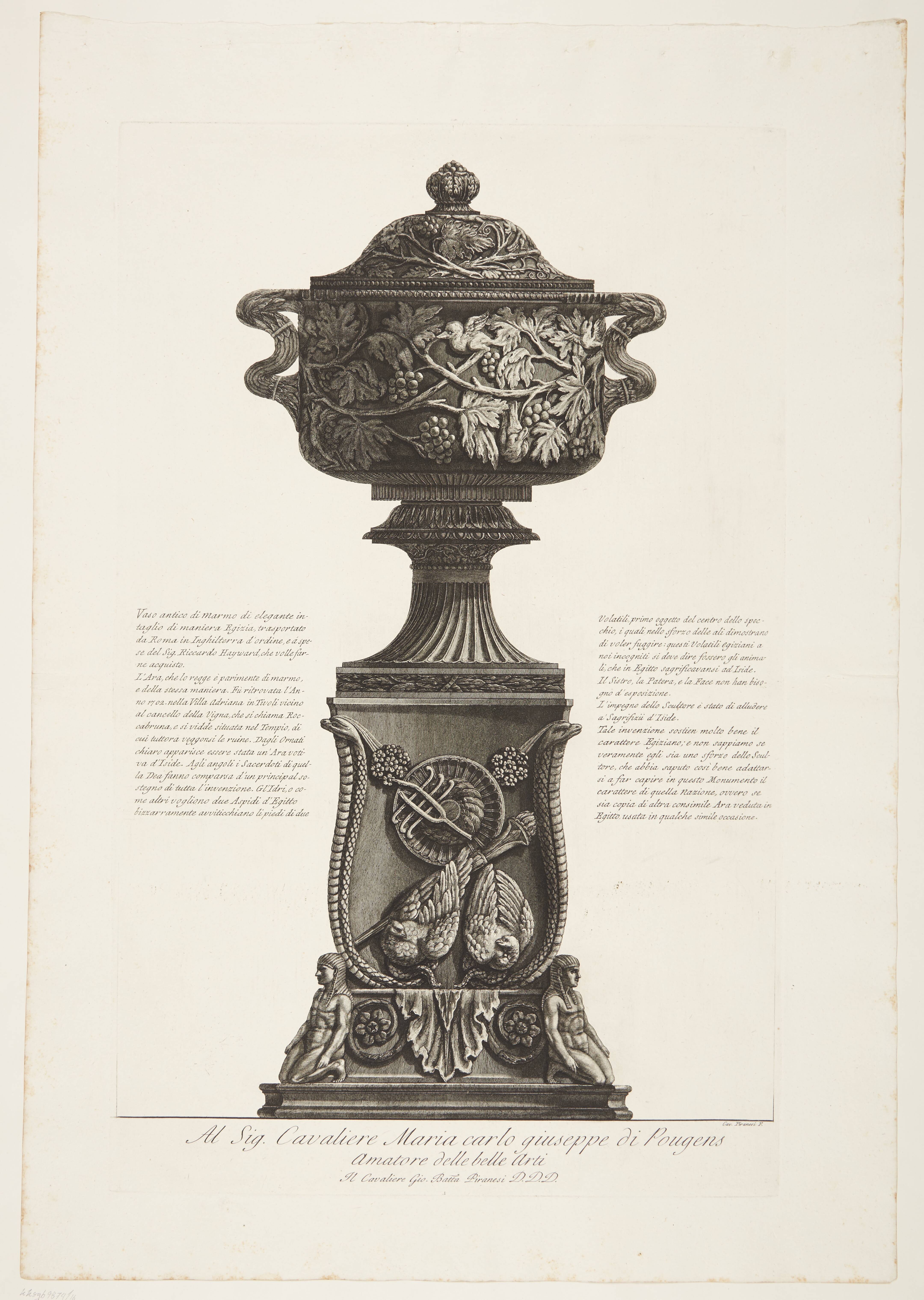 Marble vase supported upon an altar with Egyptian symbols