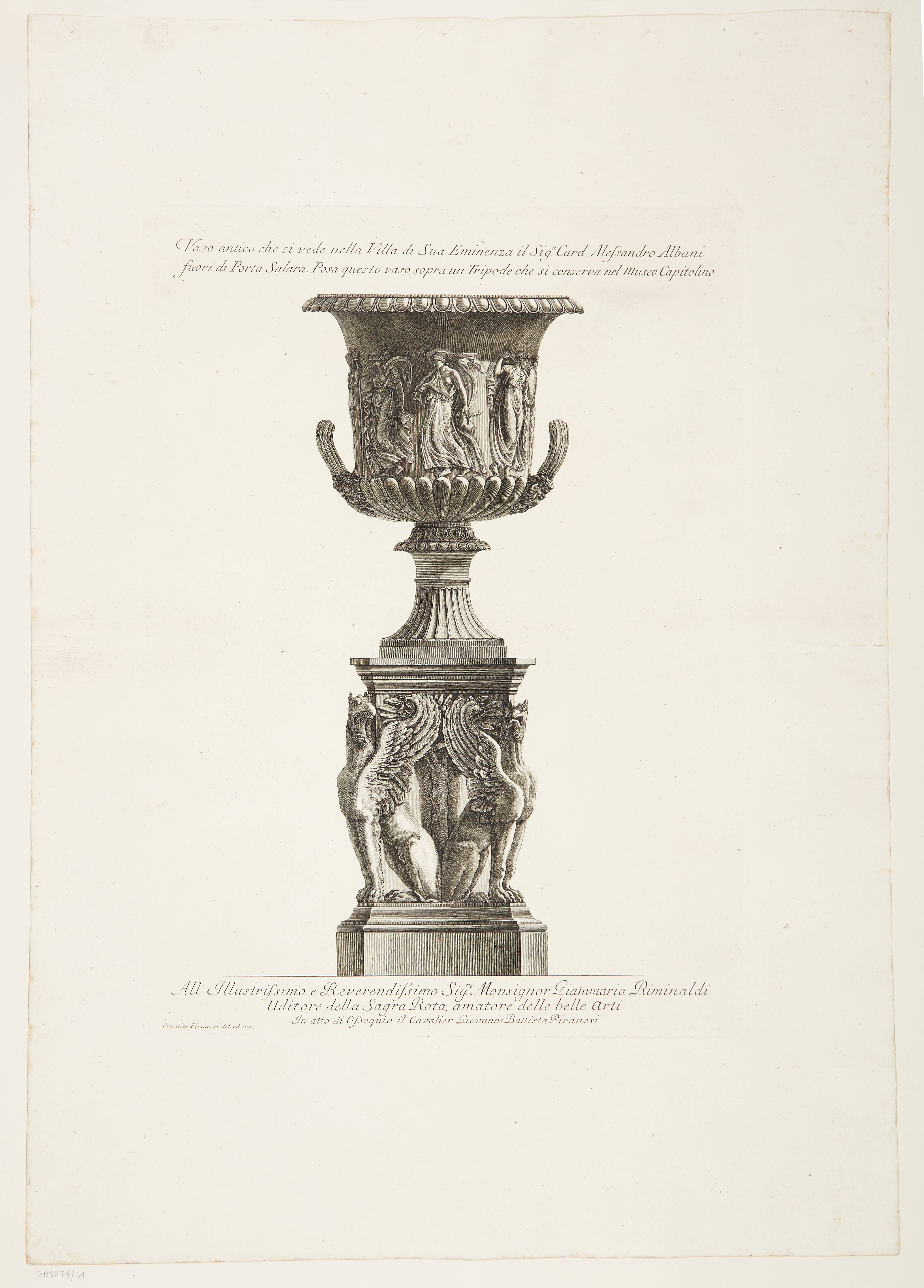 Marble vase with relief of bacchantes supported on a tripod of chimeras