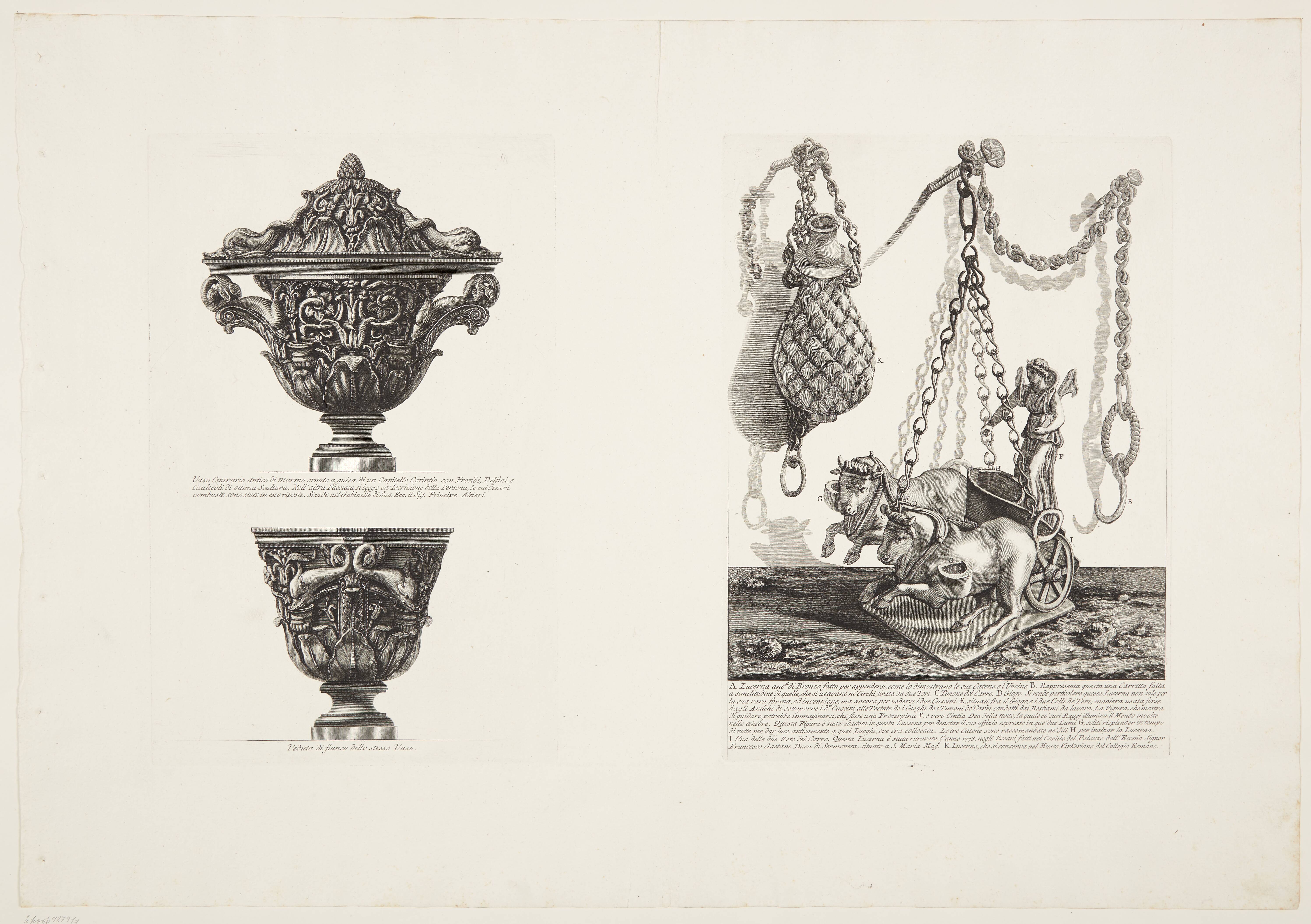 Two views of a cinerary vase; and two bronze lamps, one of them in form of a chariot drawn by two bulls and driven by Diana
