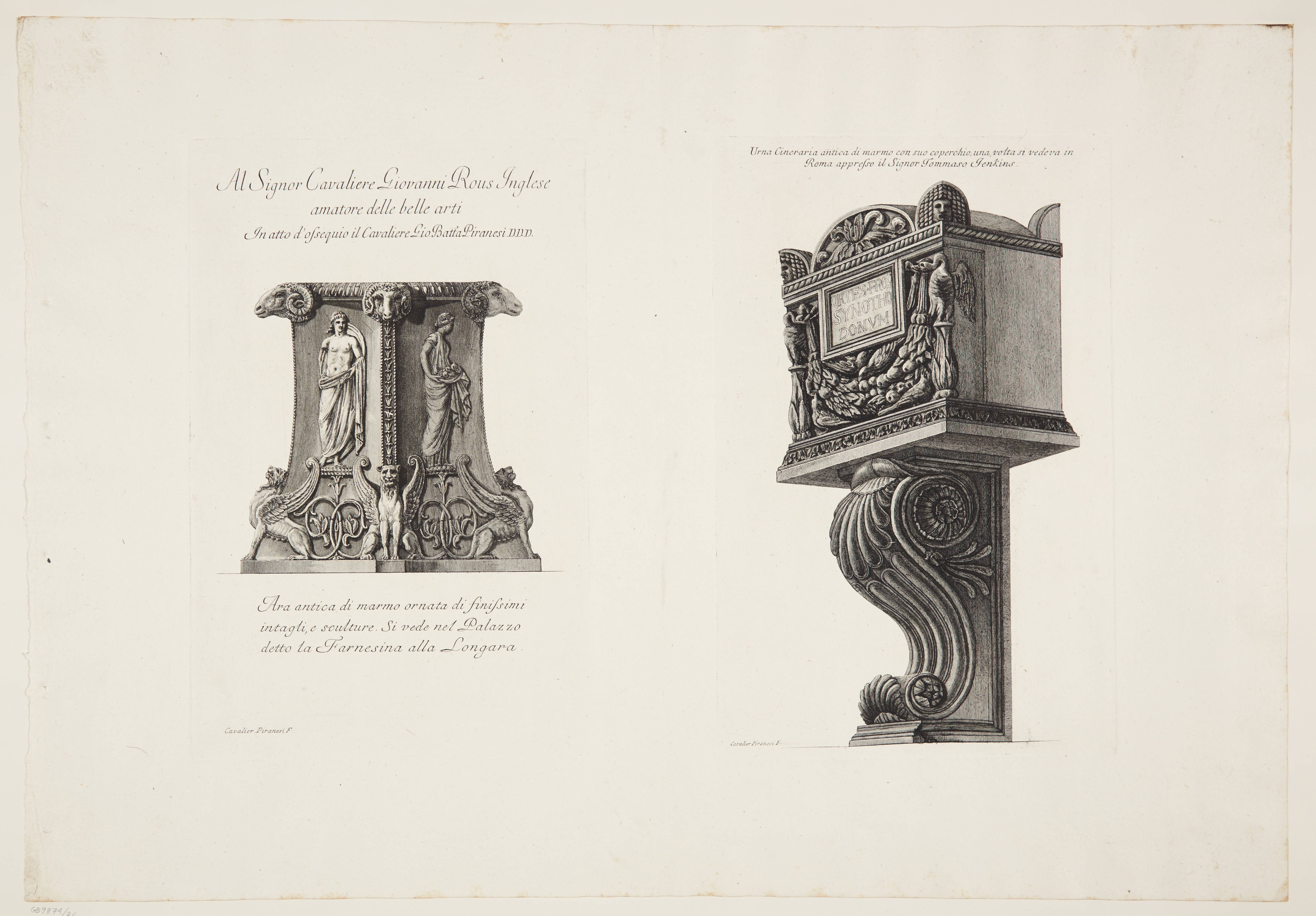 Marble altar decorated with friezes in relief and supported by chimeras at the base and cinerary urn supported on a bracket