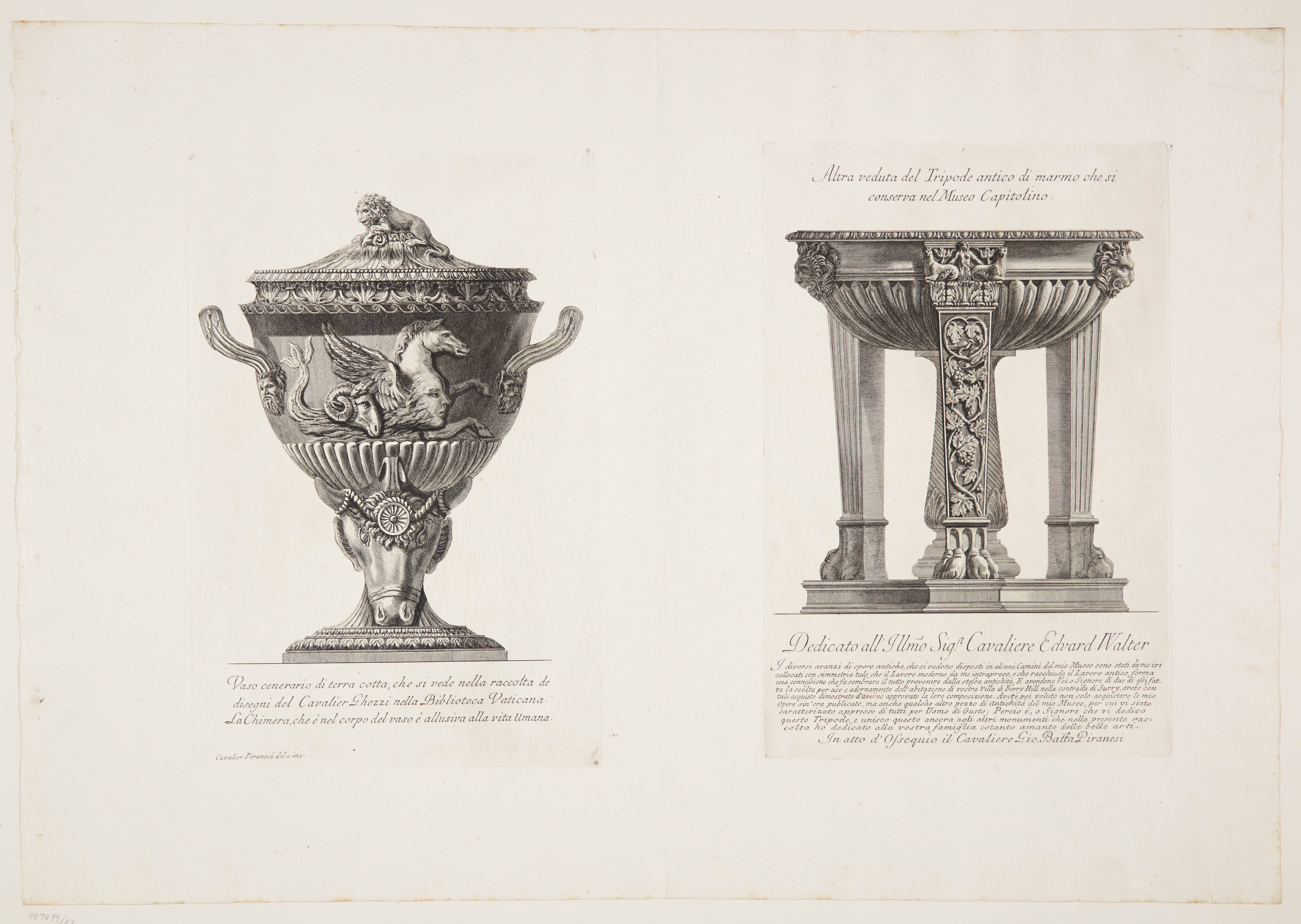 Cinerary vase of terracotta with a sea horse in relief, from a drawing by Cavalier Ghezzi in the Vatican Library, and a marble tripod with vine leaves on the legs and spiral central support