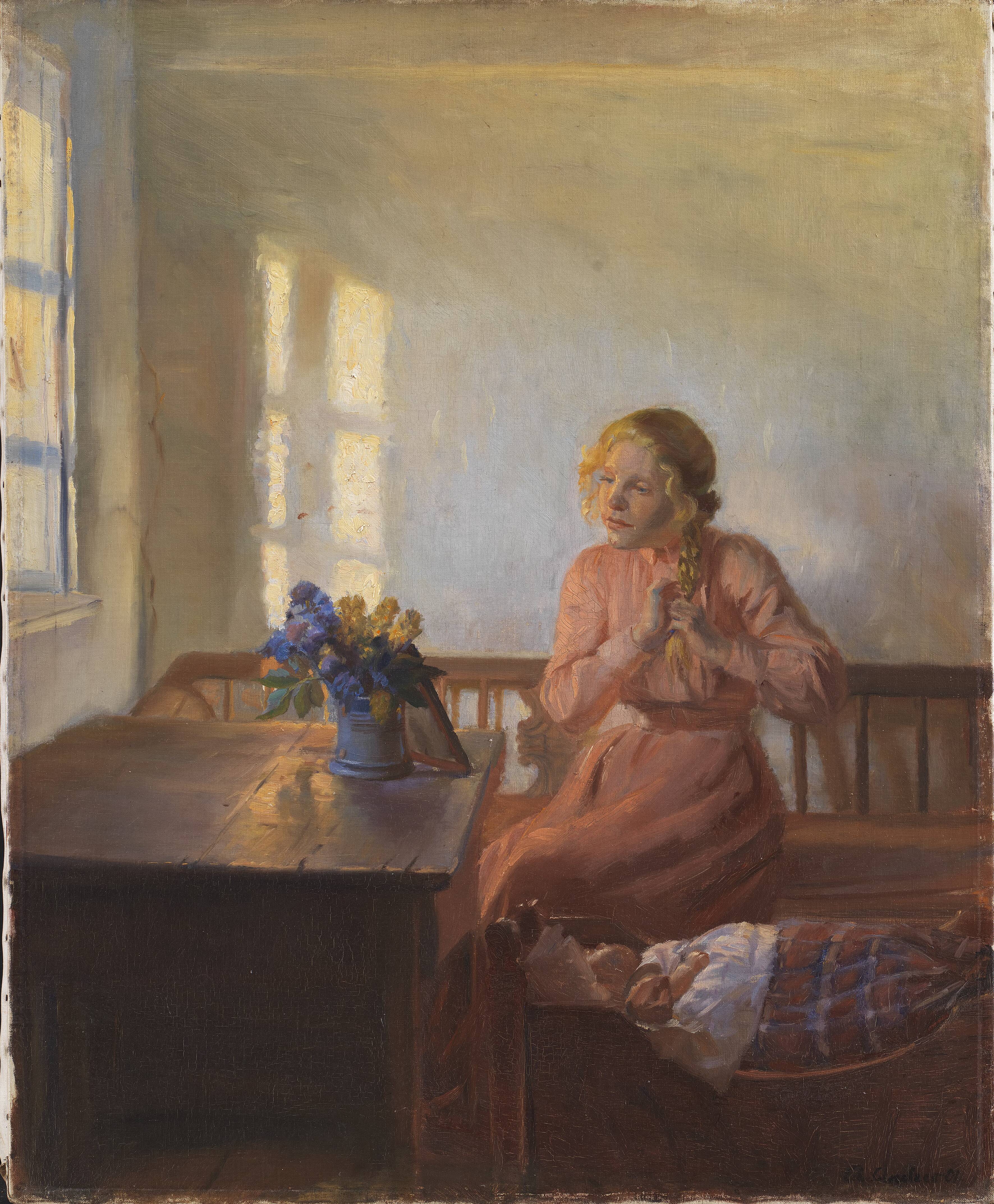 A Young Girl Plaiting her Hair