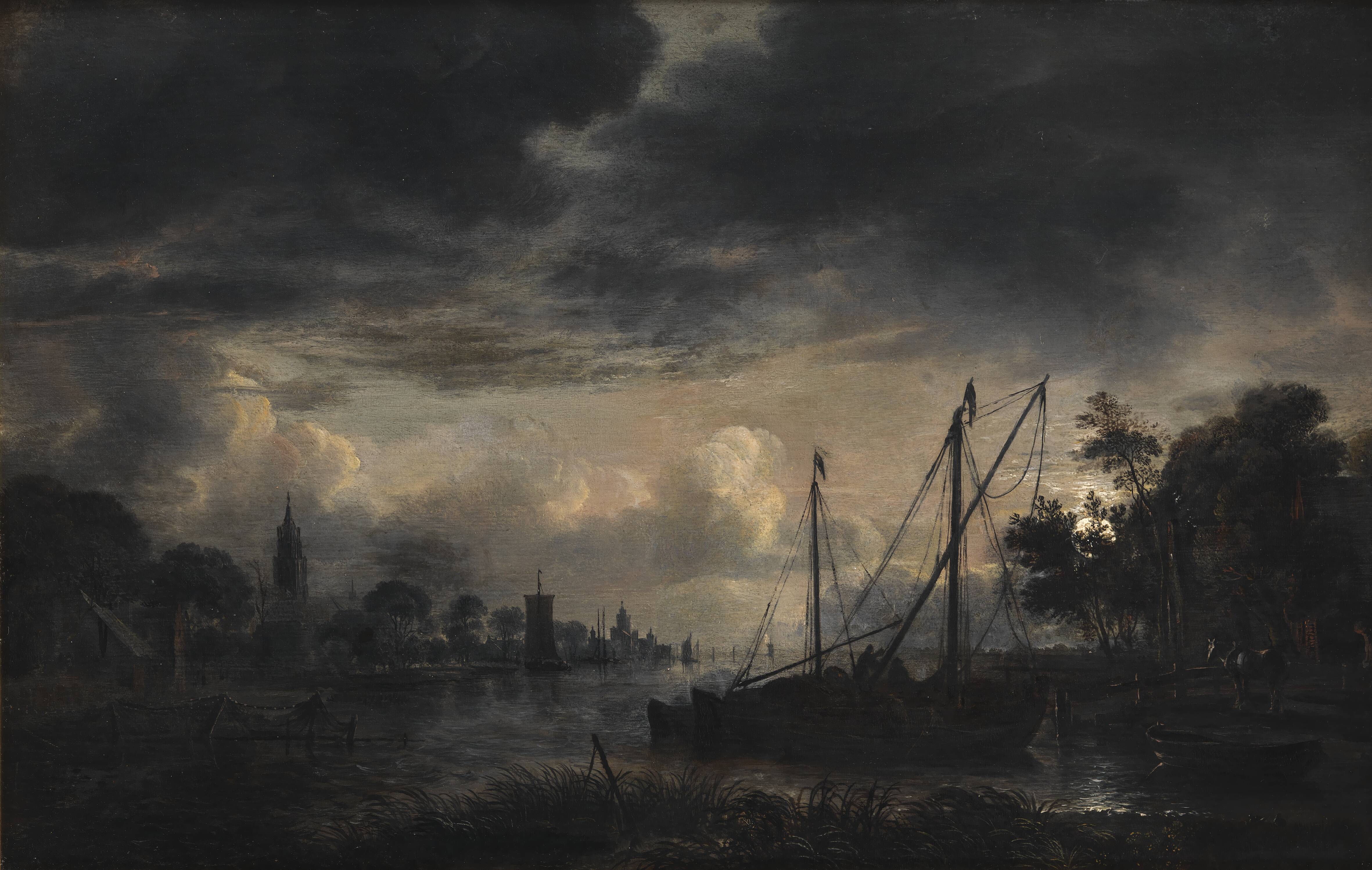 River Landscape in Moonlight