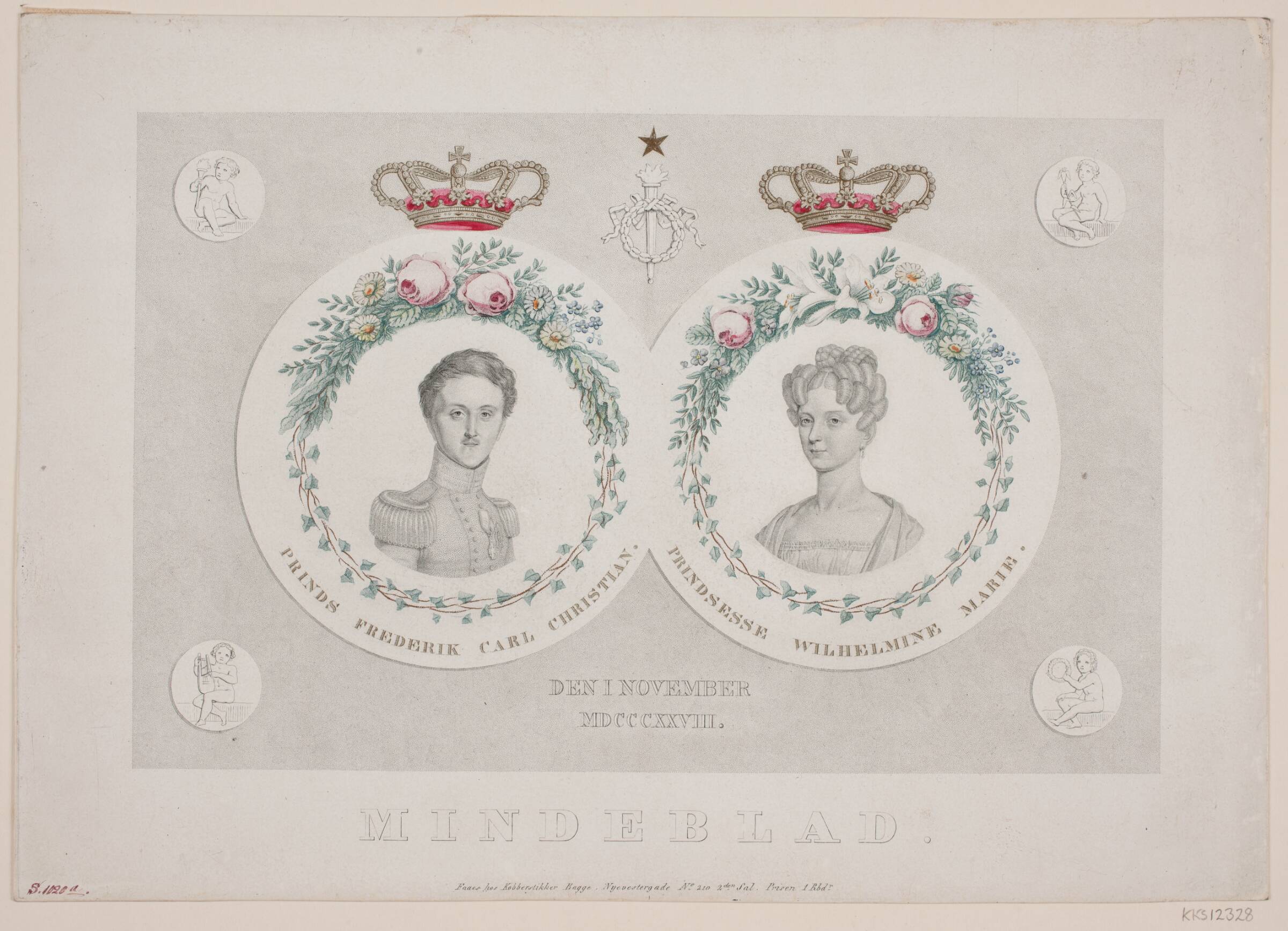 Mindeblad for prins Frederik, senere kong Frederik d. 7, og prinsesse Wilhelmine, Oluf Olufsen Bagge, 1828