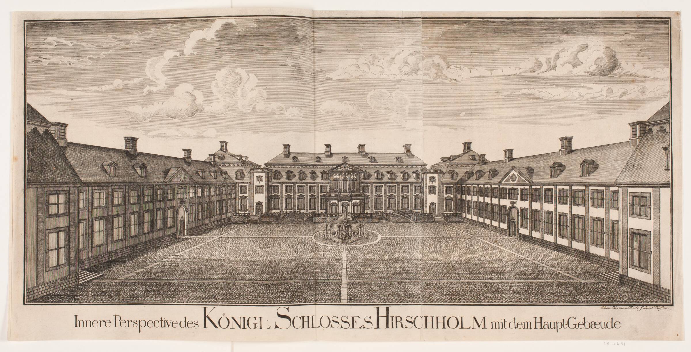Hirschholm Slot, slotsgården mod hovedbygningen, Johan Herman Thiele, 1740-1741