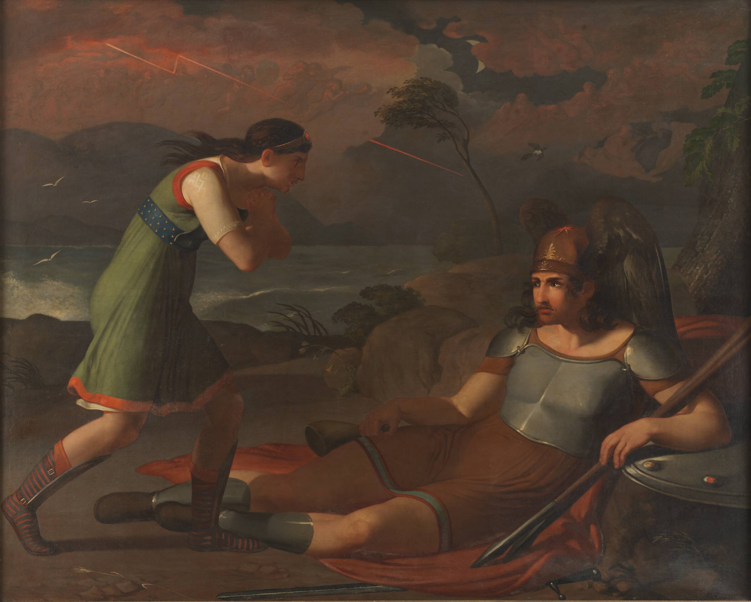 Sulmalla prøver forgæves at overtale sin elsker Cathmor til at slutte fred med Fingal, C.F. Høyer, 1810-1811