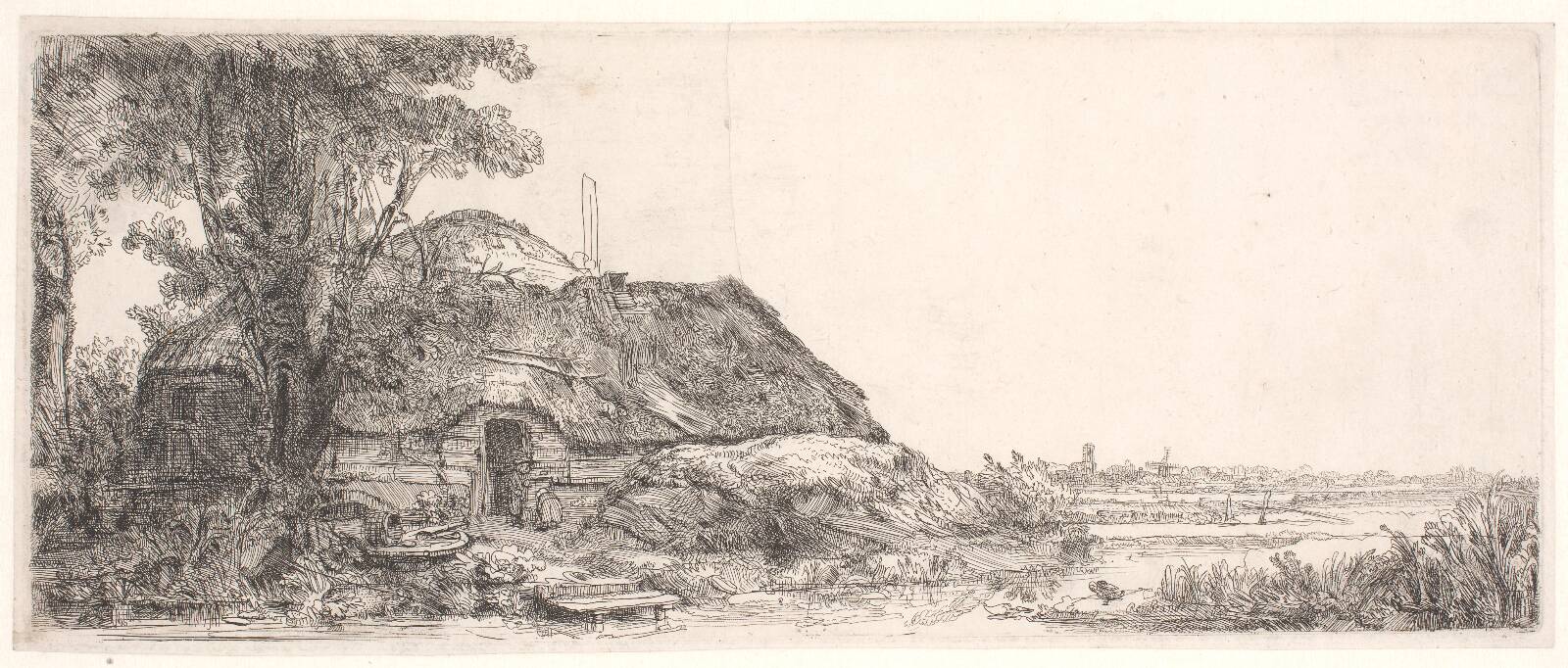 Landscape with a cottage and a large tree, by Rembrandt van Rijn, 1641