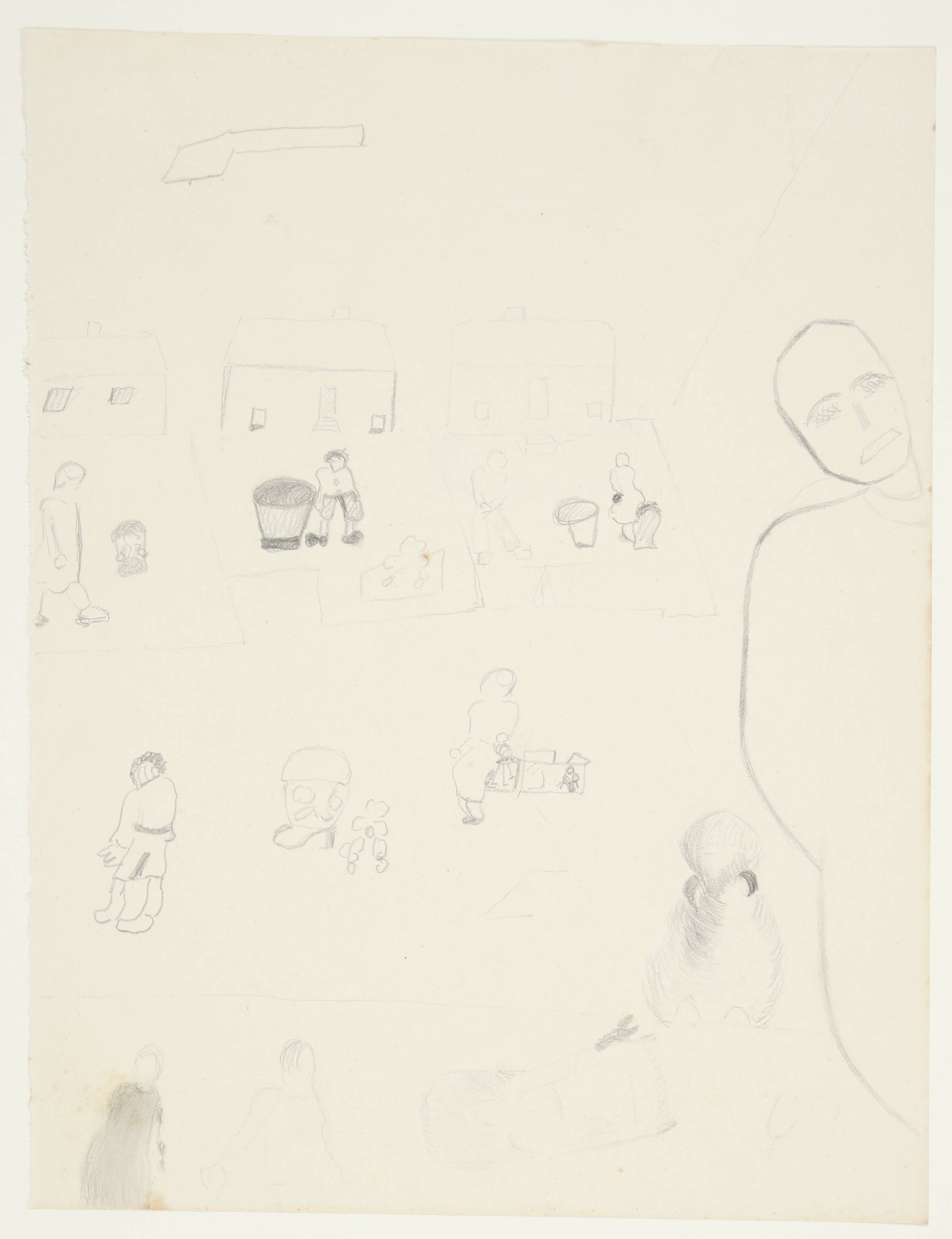 Komposition med figurer omkring tre huse med haver, Else Fischer-Hansen, 1934-1935