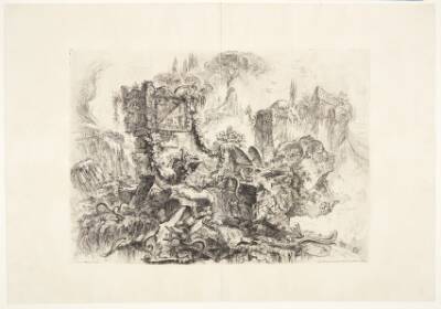 Neros grav. Dekorativ capriccio. I forgrunden arkitekturfragmenter og en sarkofag omvundet af slanger og med Neros grav herover