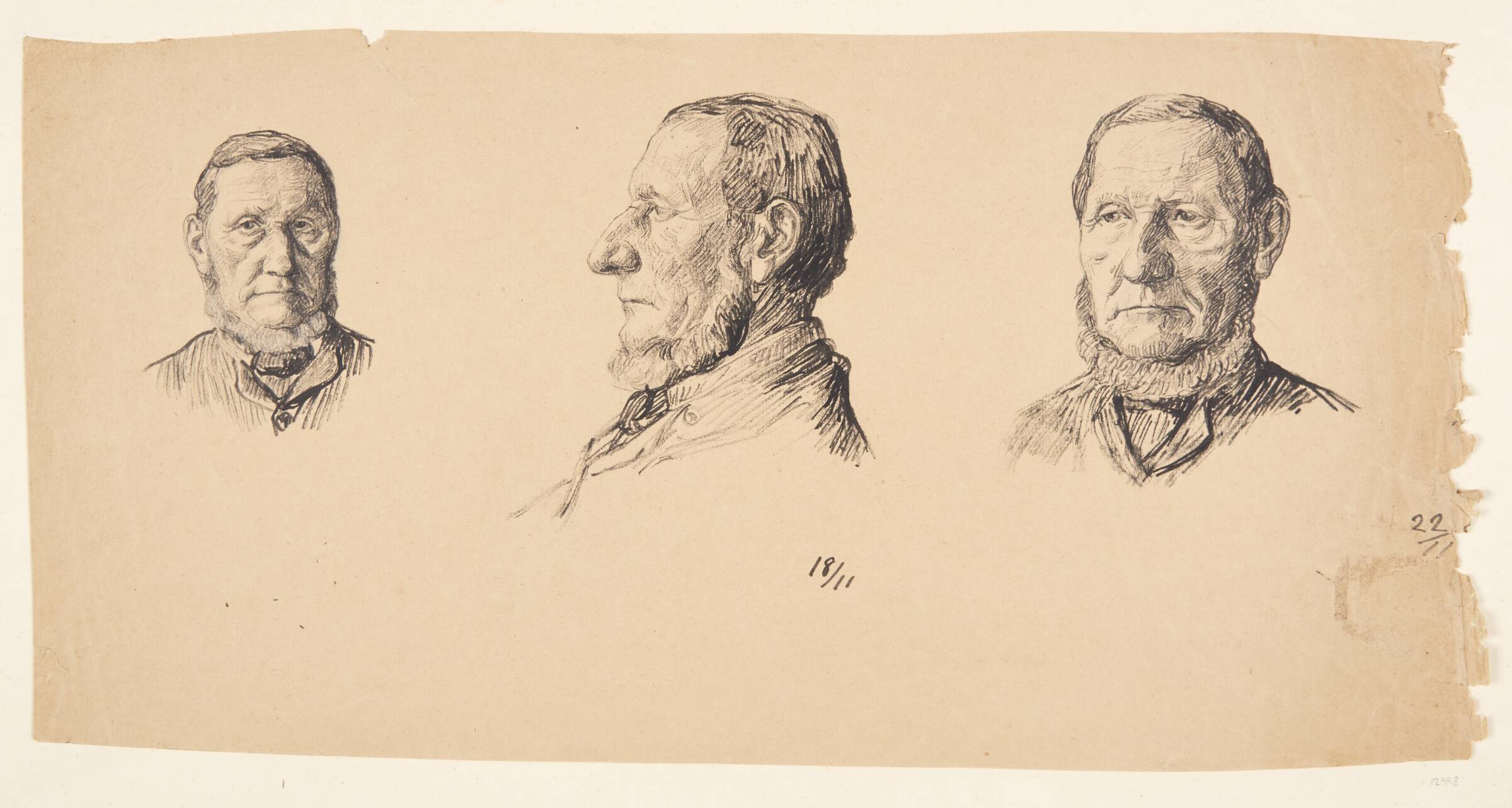 Tre studiehoveder til "En mand der lader patroner", Johannes Larsen, 1897