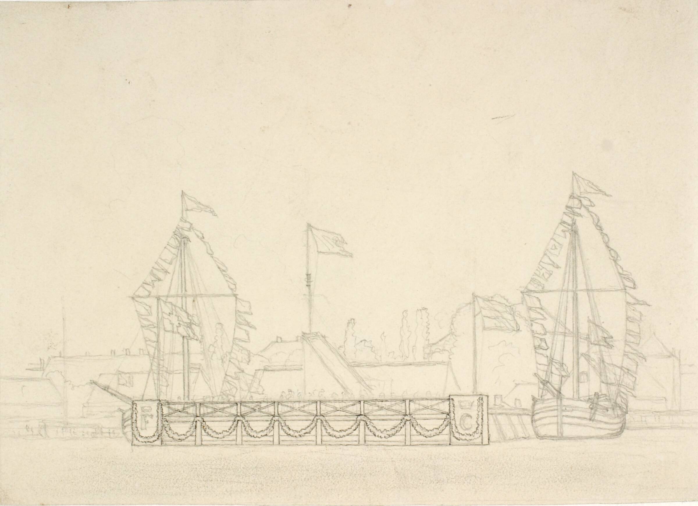 Festudsmykning ved Nyhavn, set fra vandet mod den gamle botaniske have, C.W. Eckersberg, 1783-1853
