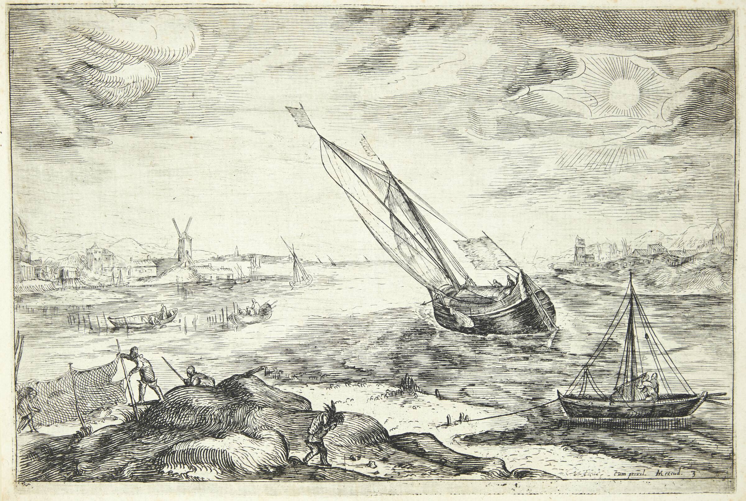 Flodlandskab med fiskerbåde, Gerrit Adriaensz Gauw, 1601-1604